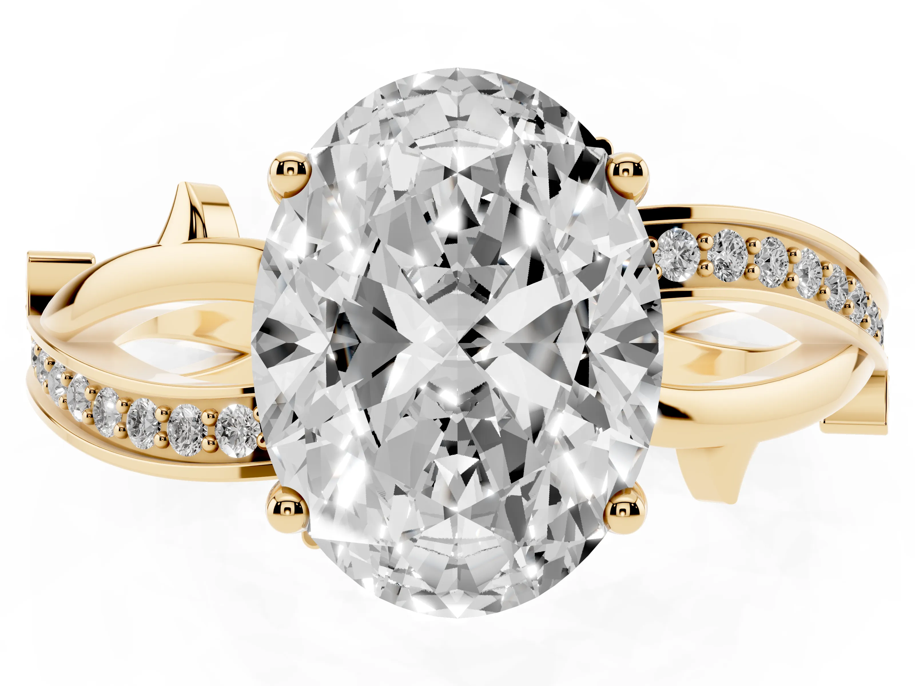 Oval Cut Diamond Pavé Twist Band Solitaire Ring Set in Yellow gold with Prong Setting