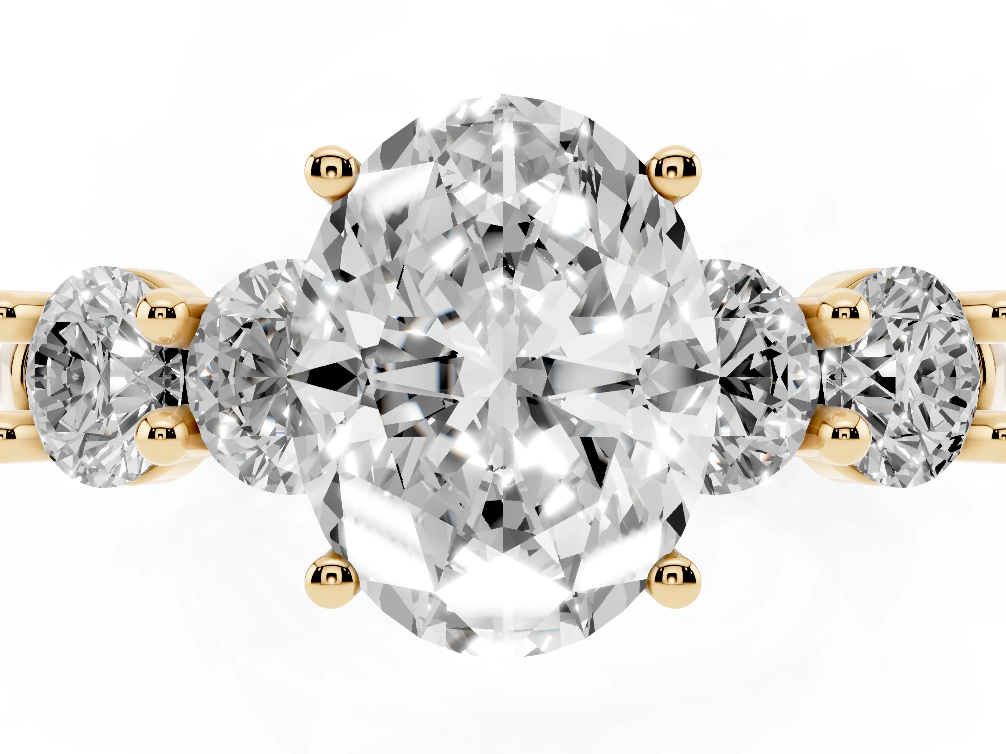 Oval Cut Diamond Five-Stone Prong Set Ring Set in Yellow gold with Classic Band