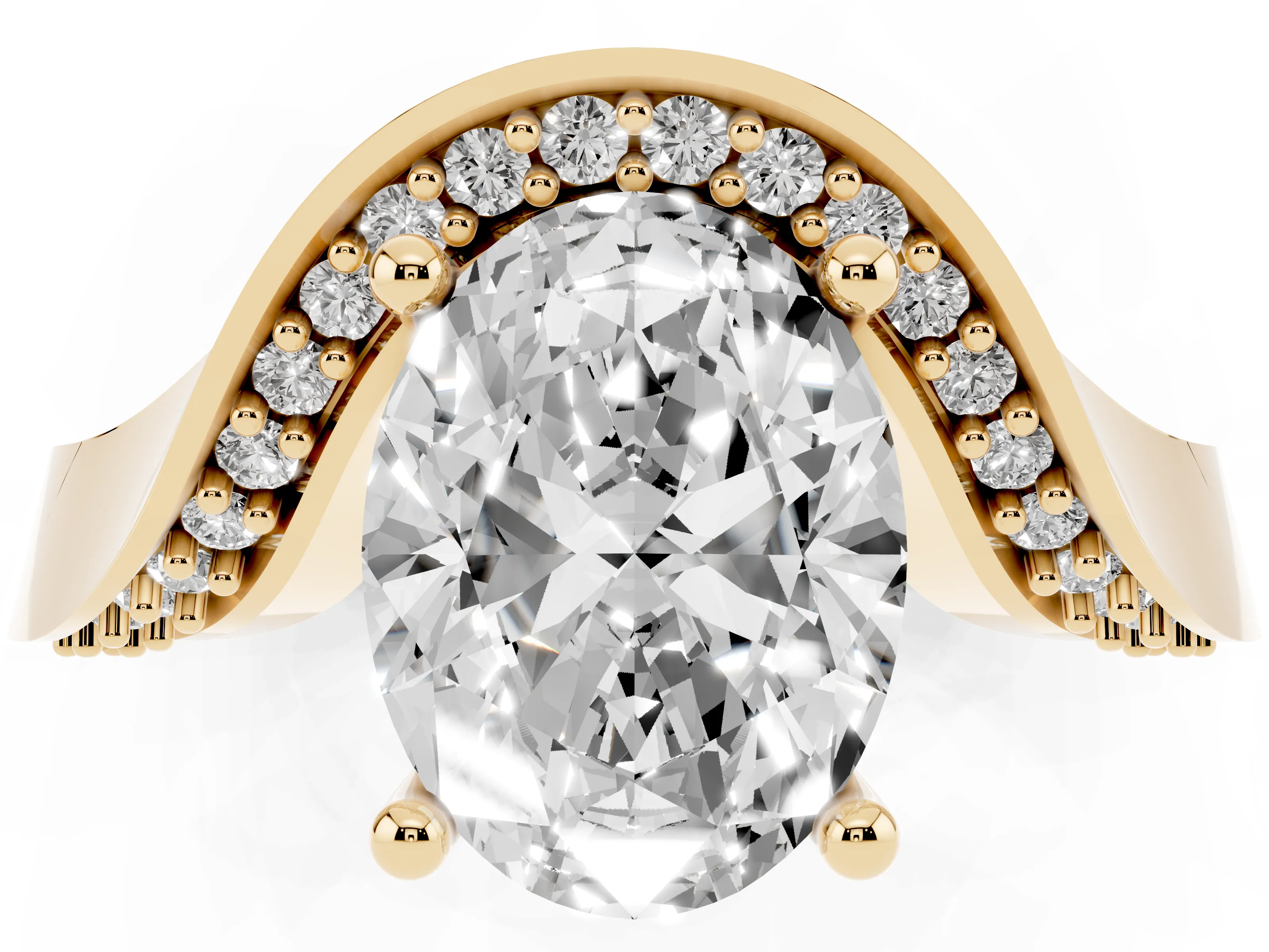 Oval Cut Diamond Solitaire Engagement Ring Set in Yellow gold with Pavé Shoulders