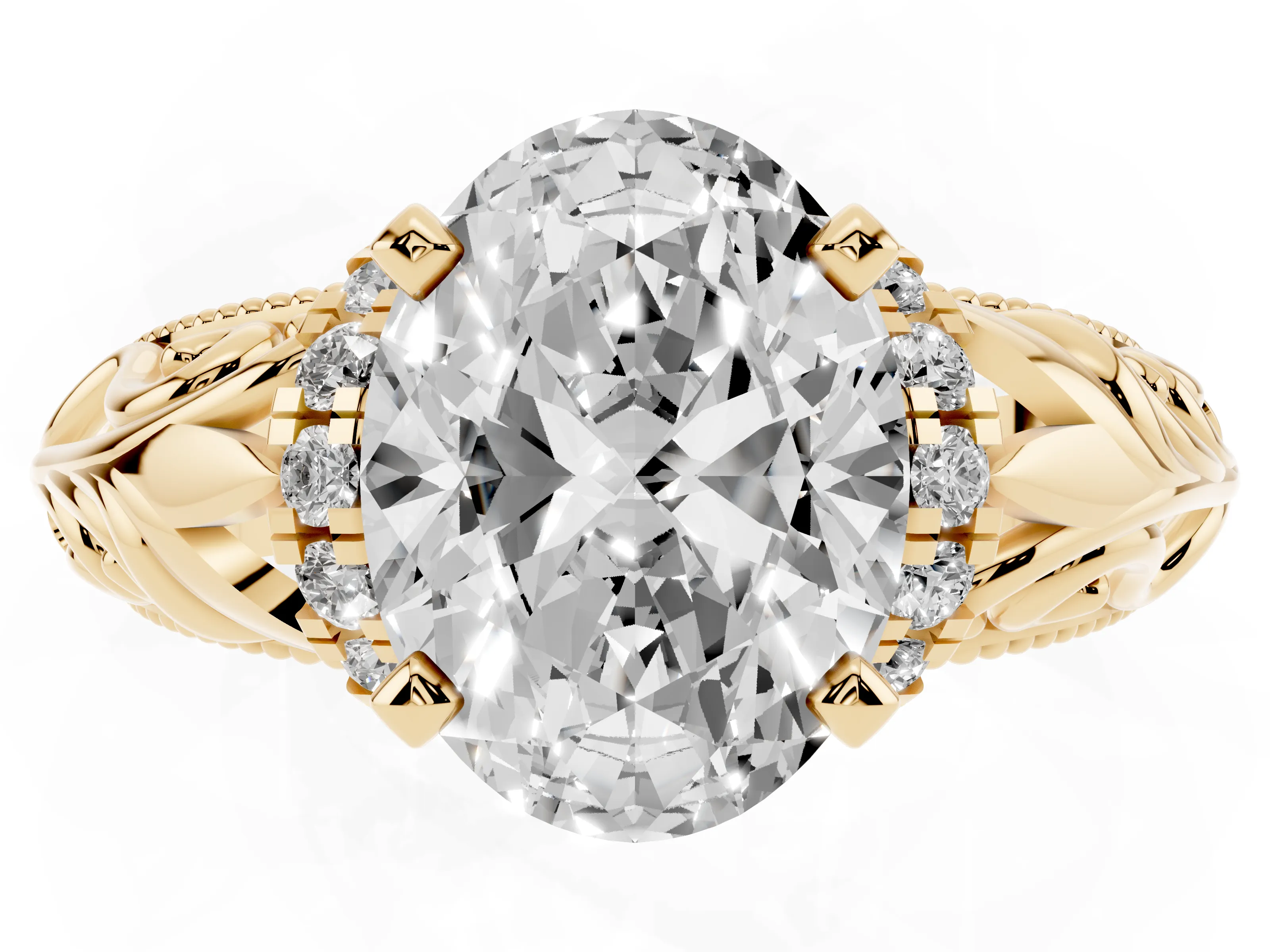 Oval Cut Diamond Filigree Halo Engagement Ring Set in Yellow gold with Prong Setting