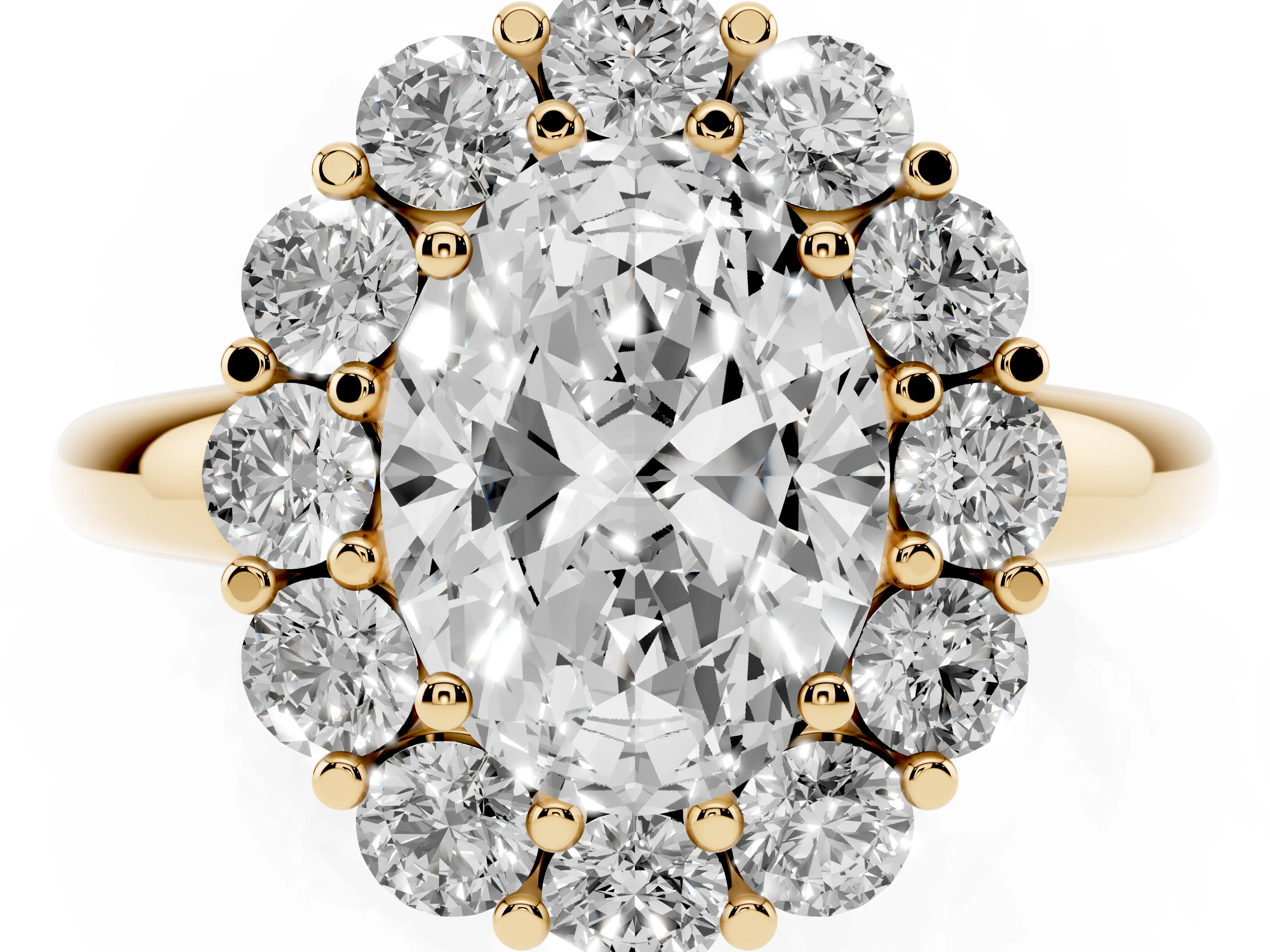 Oval Cut Diamond Halo Cluster Engagement Ring Set in Yellow gold with Polished Band and Prong Setting