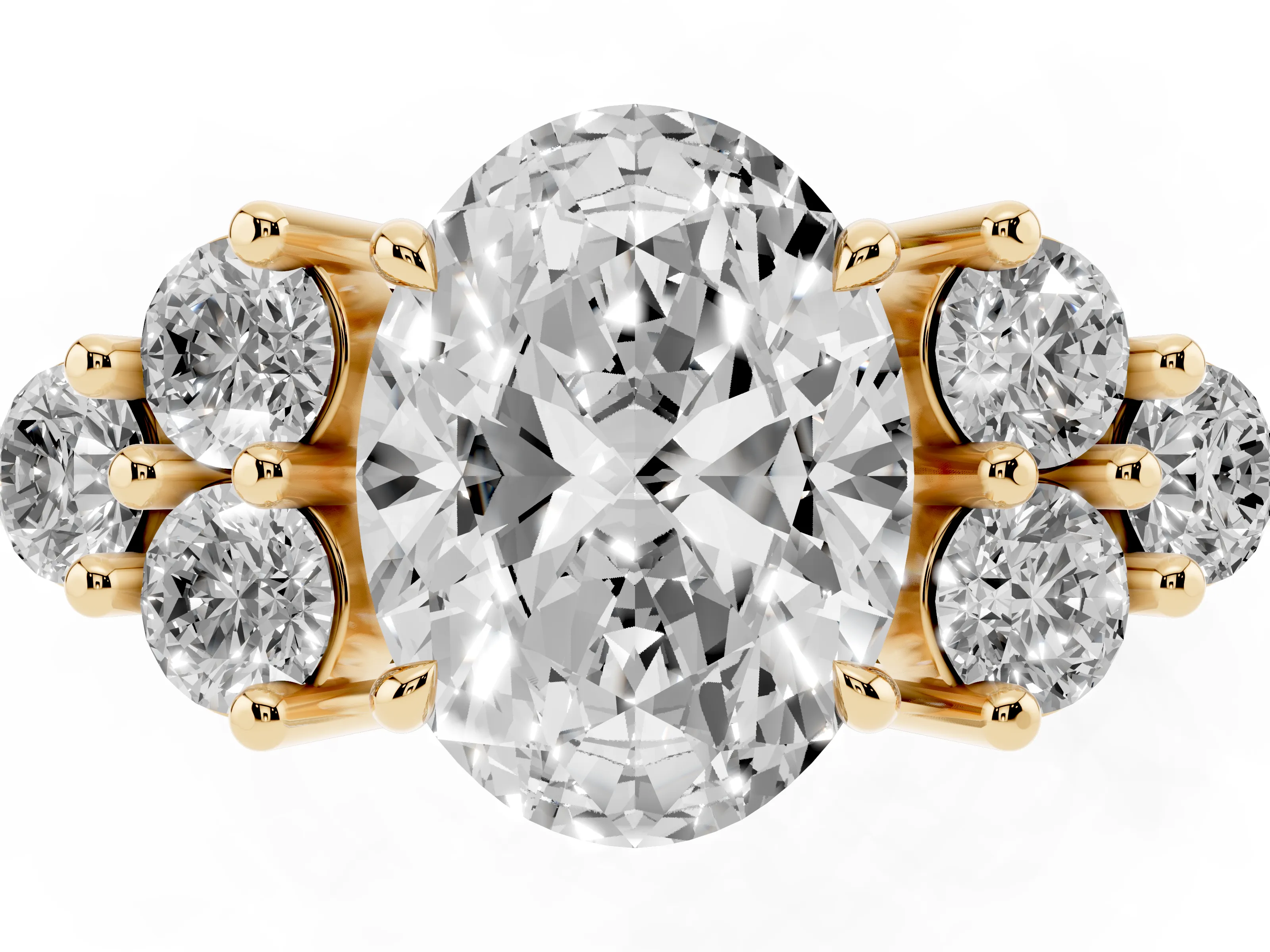 Oval Cut Diamond Solitaire Ring Set in Yellow gold with Cluster Accents on Each Side