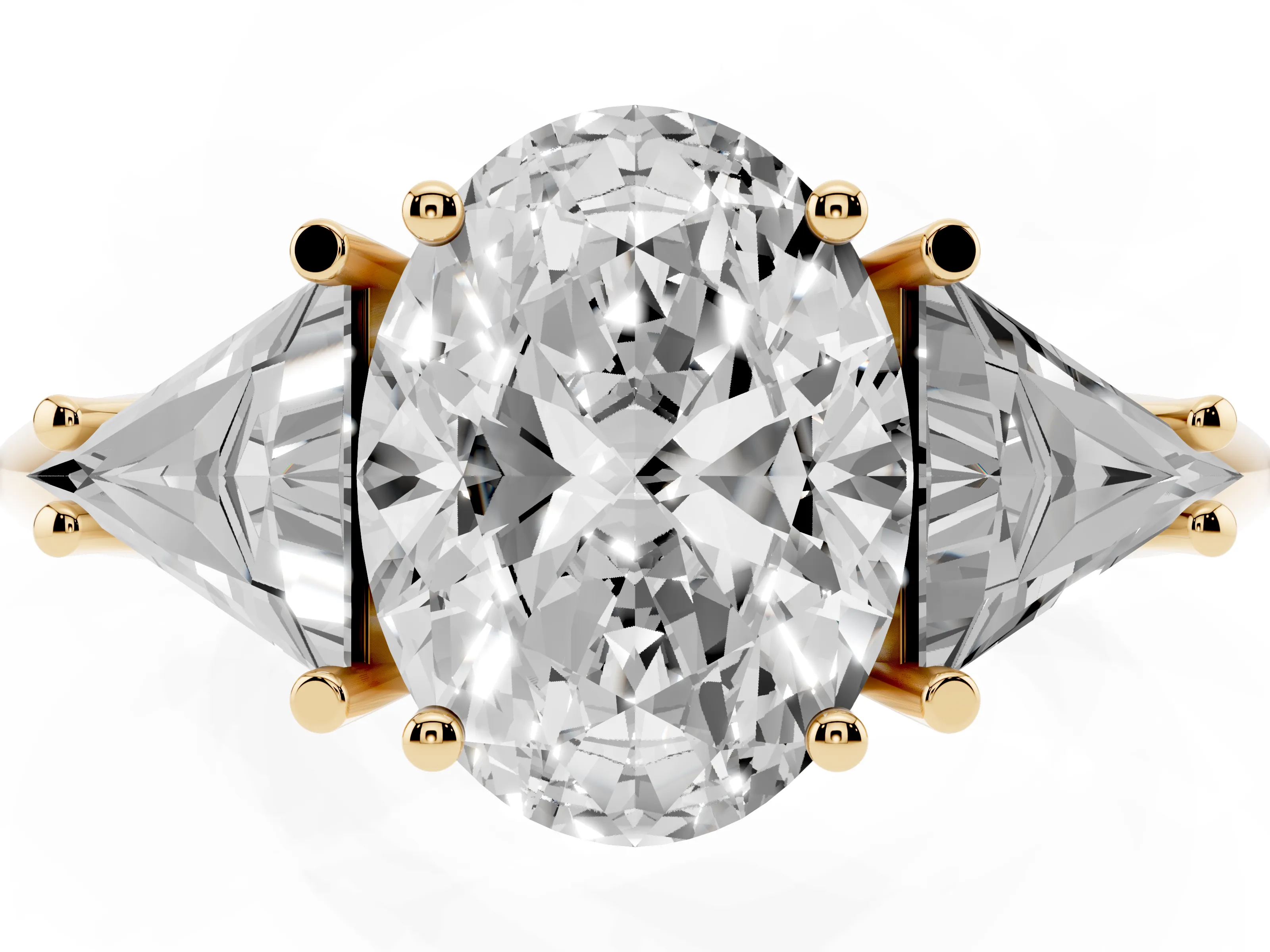 Oval Cut Diamond Three-Stone Engagement Ring Set in Yellow gold with Trillion Side Stones
