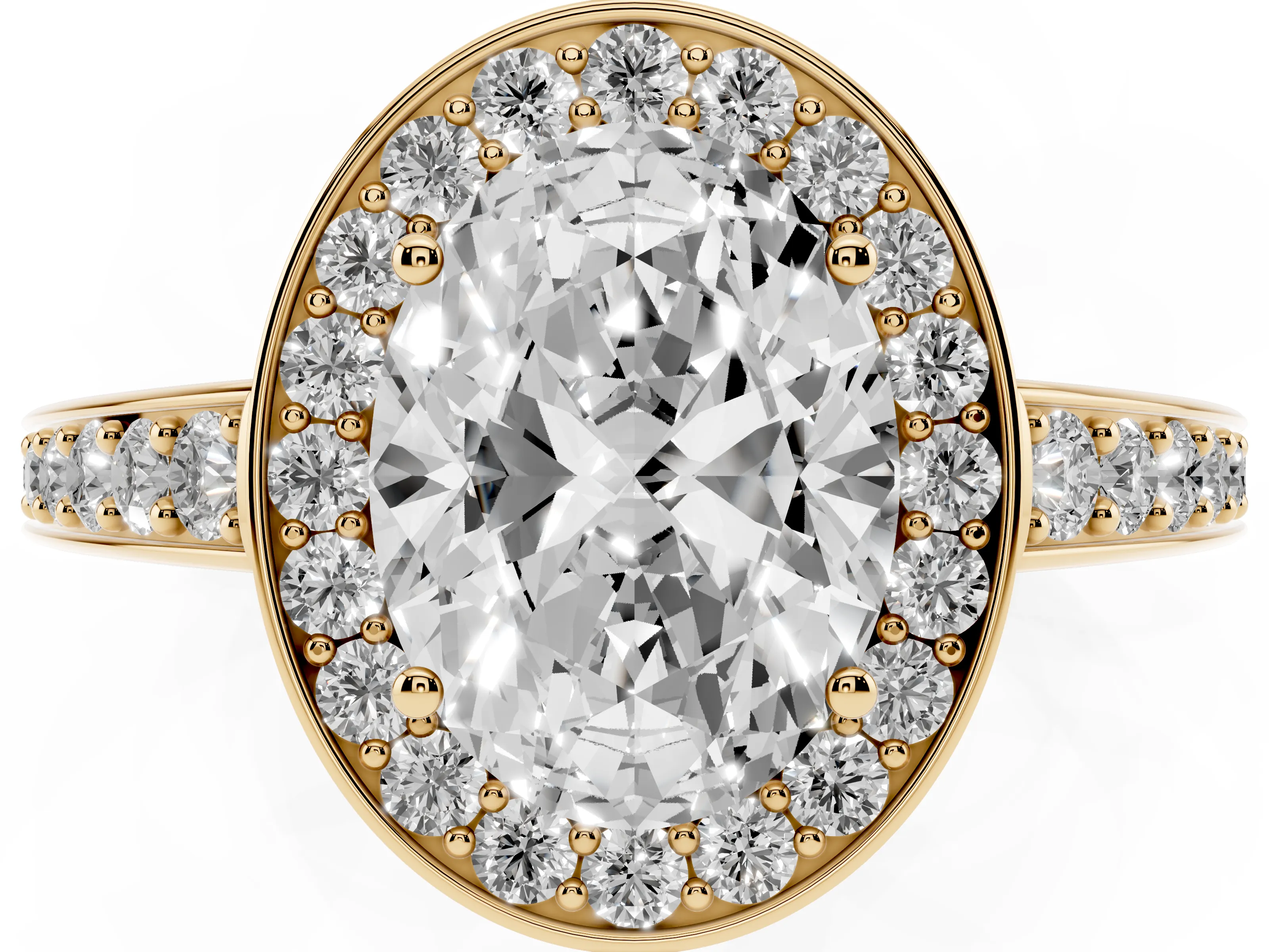 Oval Cut Diamond Halo Pavé Engagement Ring Set in Yellow gold with Bezel Setting