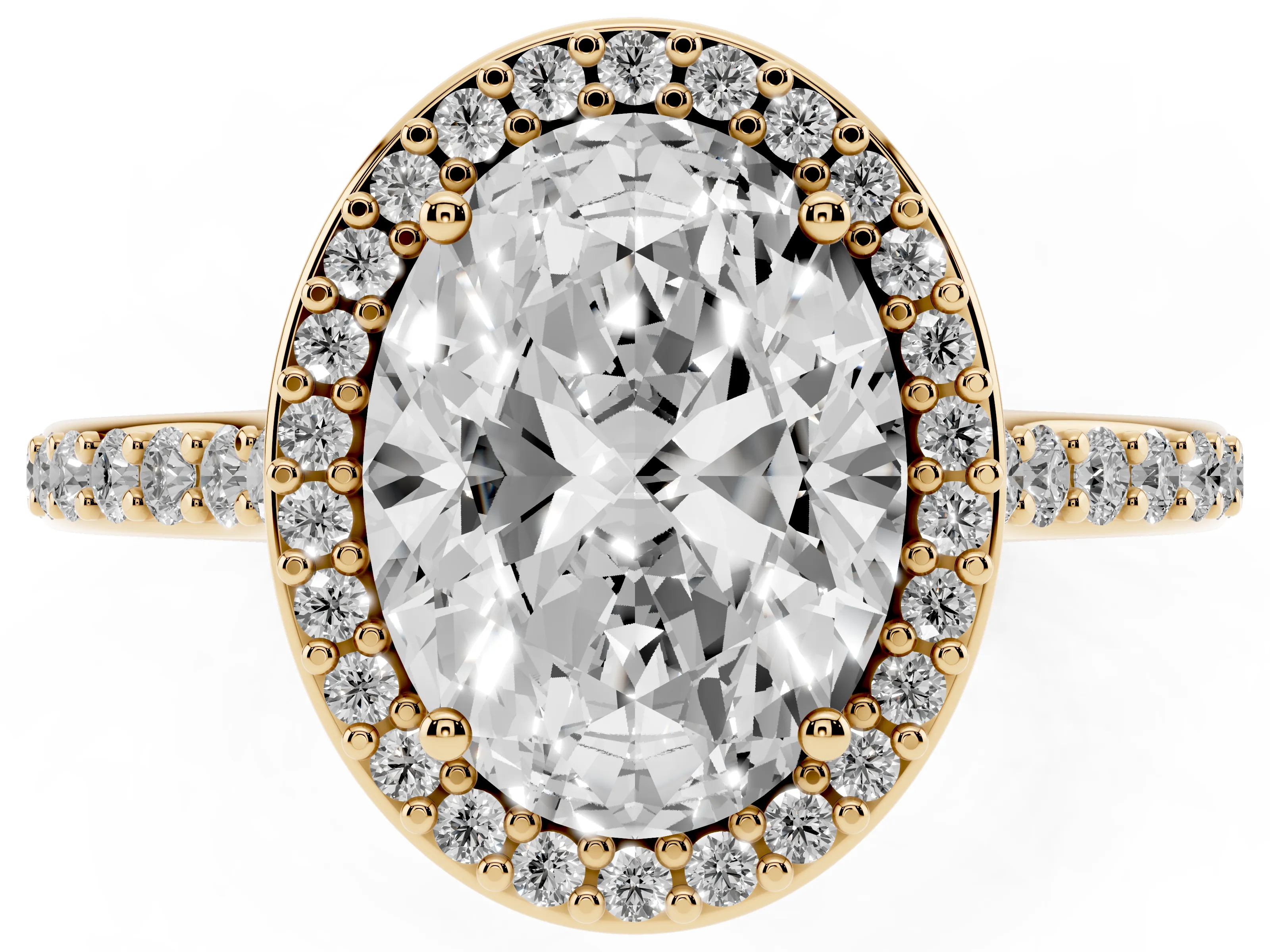 Oval Cut Diamond Halo Engagement Ring Set in Yellow gold with Round Pavé Shoulders and Heart Gallery