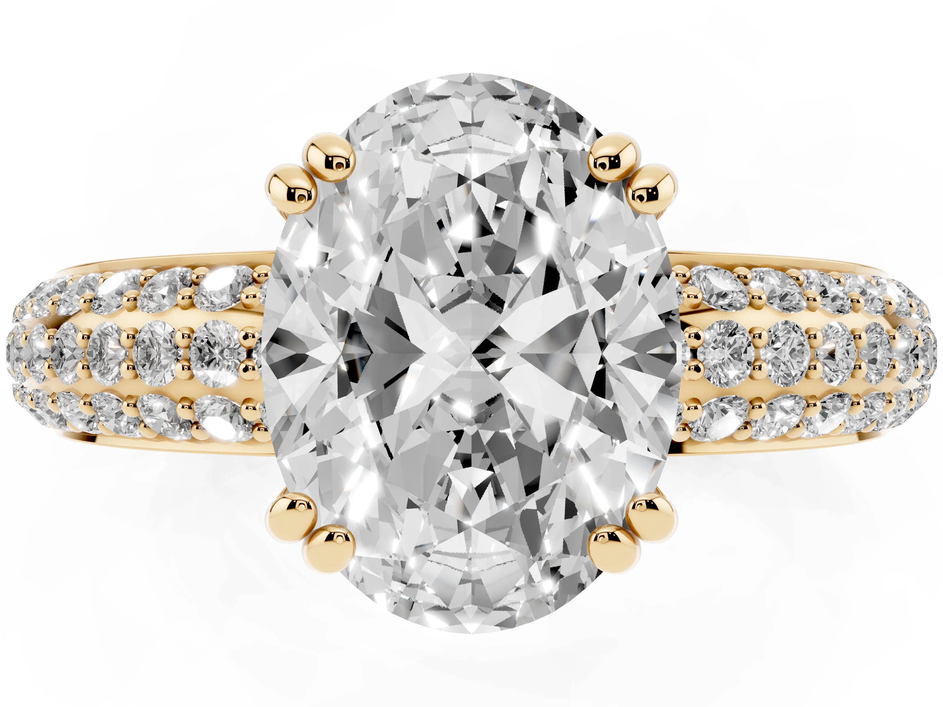 Oval Cut Diamond Solitaire Ring Set in Yellow gold with Multi-Row Round Pavé Band and Prong Setting