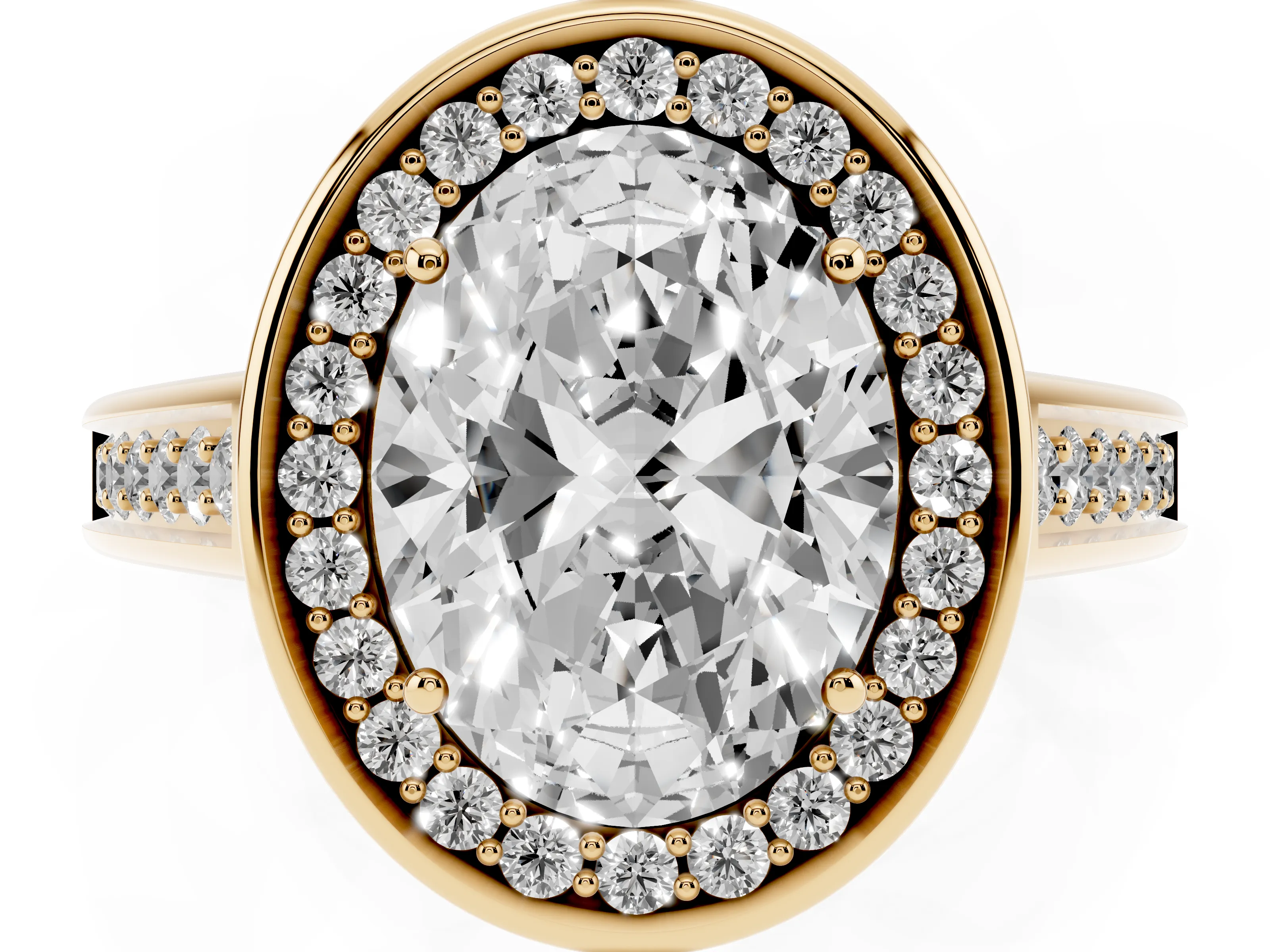 Oval Cut Diamond Halo Solitaire Ring Set in Yellow gold with Pavé Band and Bezel Setting