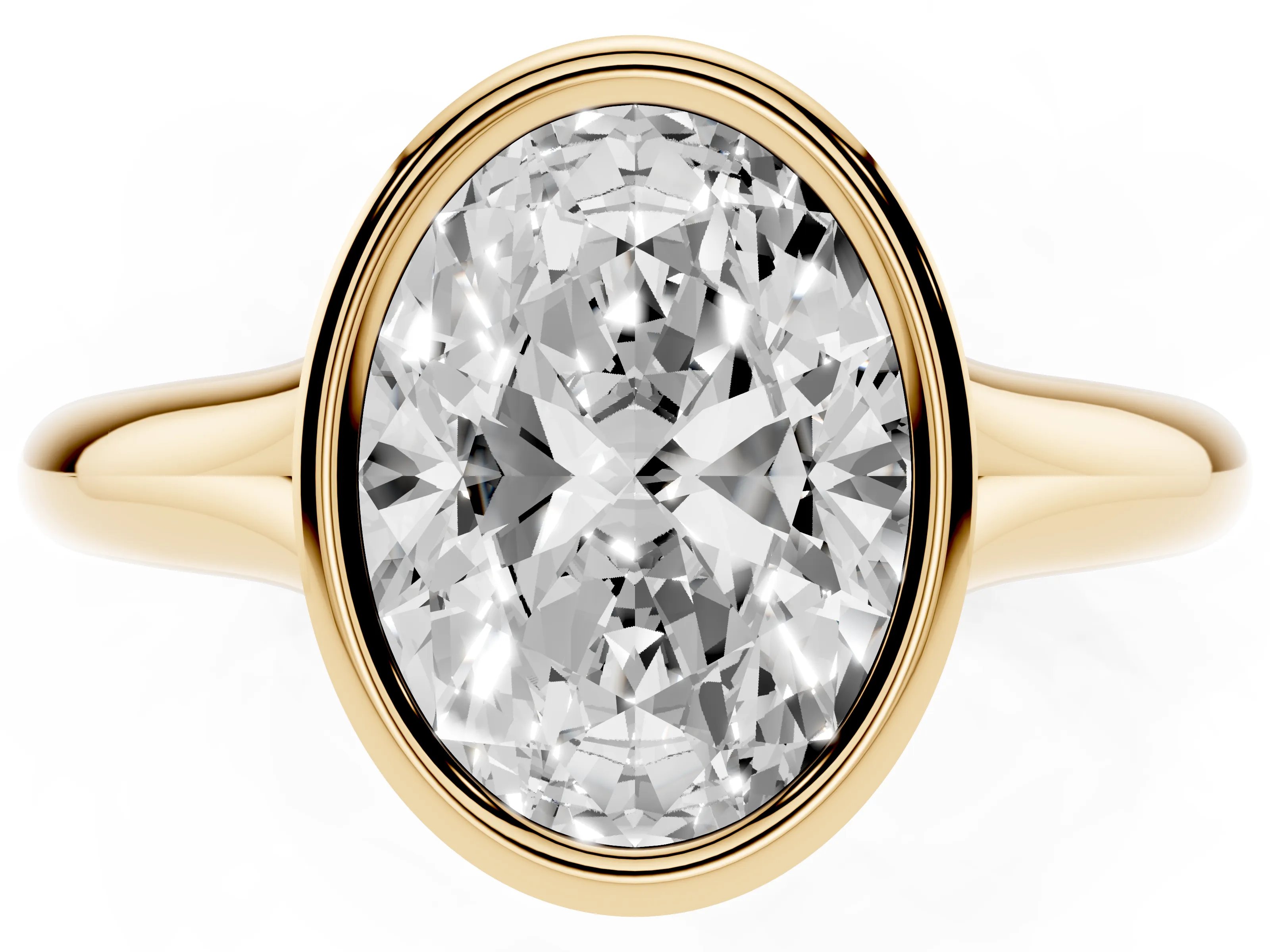 Bezel Set Oval Cut Diamond Solitaire Ring Set in Yellow gold with Smooth Band