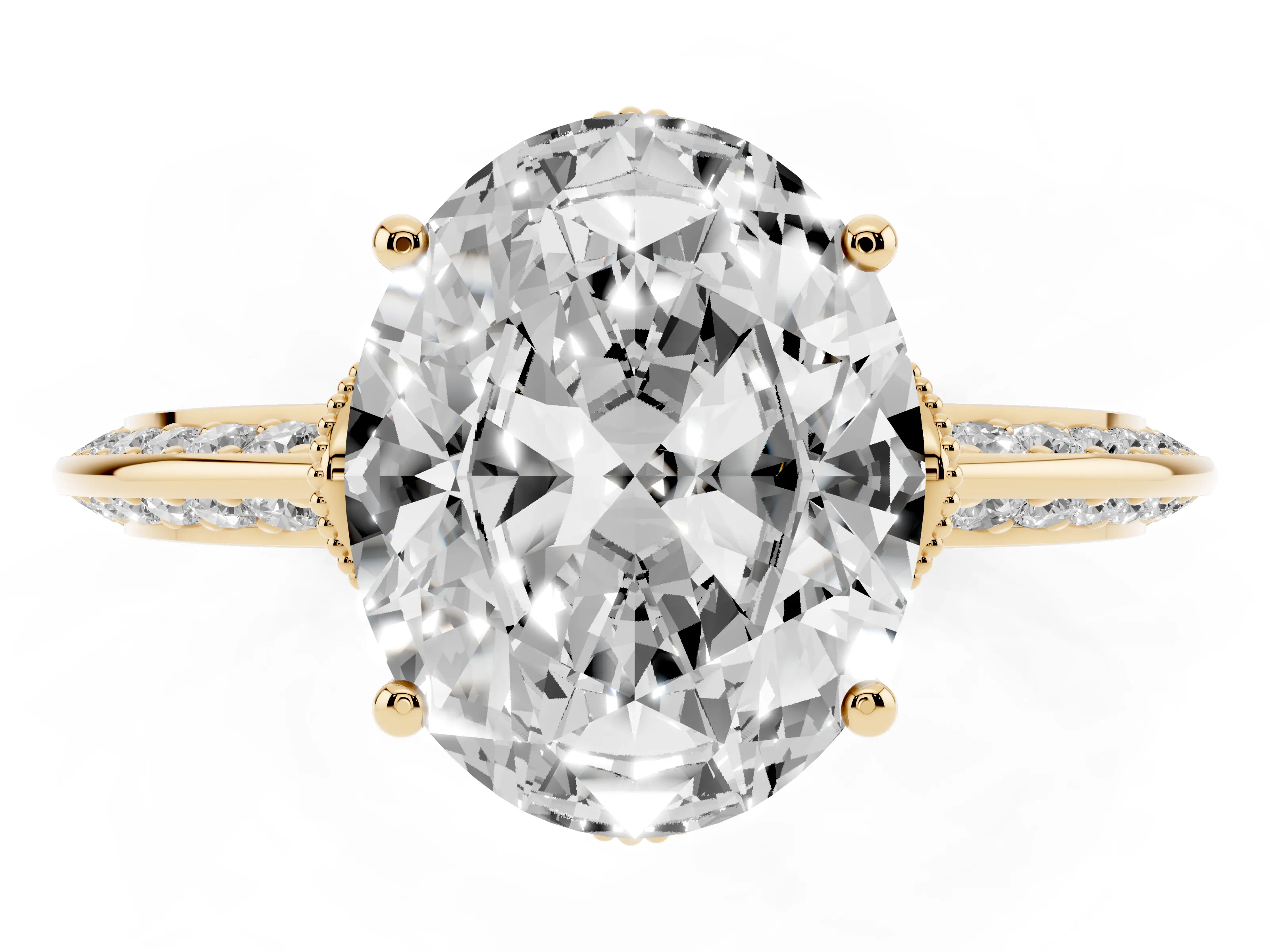 Oval Cut Diamond Solitaire Engagement Ring Set in Yellow gold with Pavé Split Shank and Prong Setting