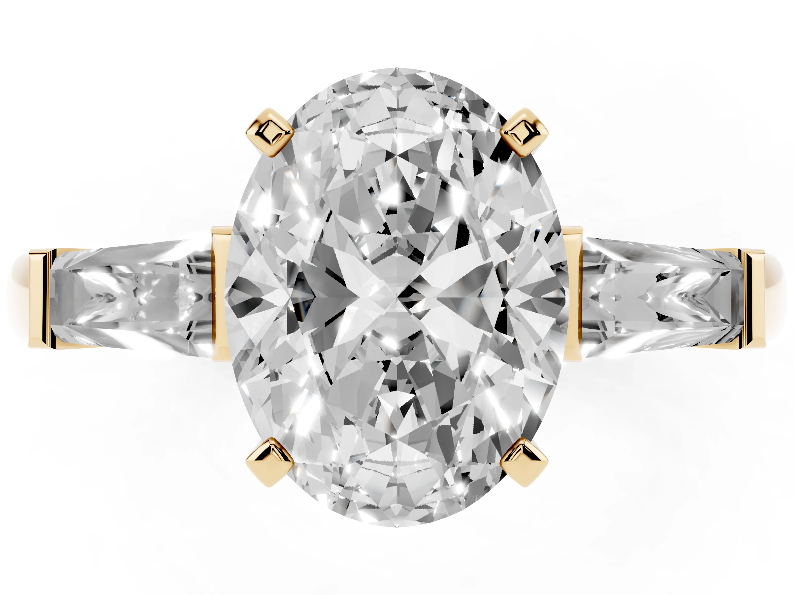 Oval Cut Diamond Solitaire Ring Set in Yellow gold with Tapered Baguette Side Stones and Prong Setting