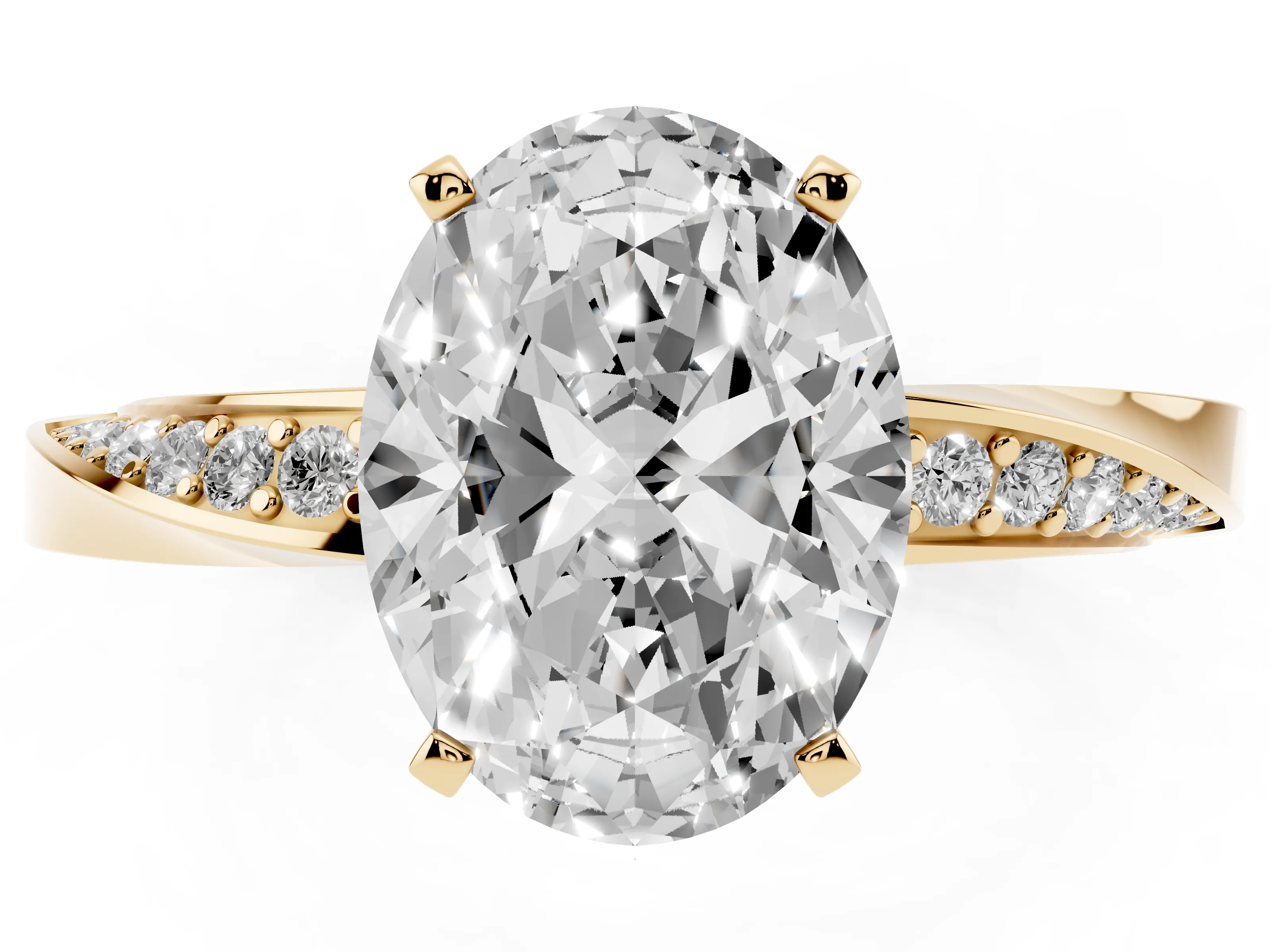 Oval Cut Diamond Engagement Ring Set in Yellow gold with Side Stone Accents and Prong Setting