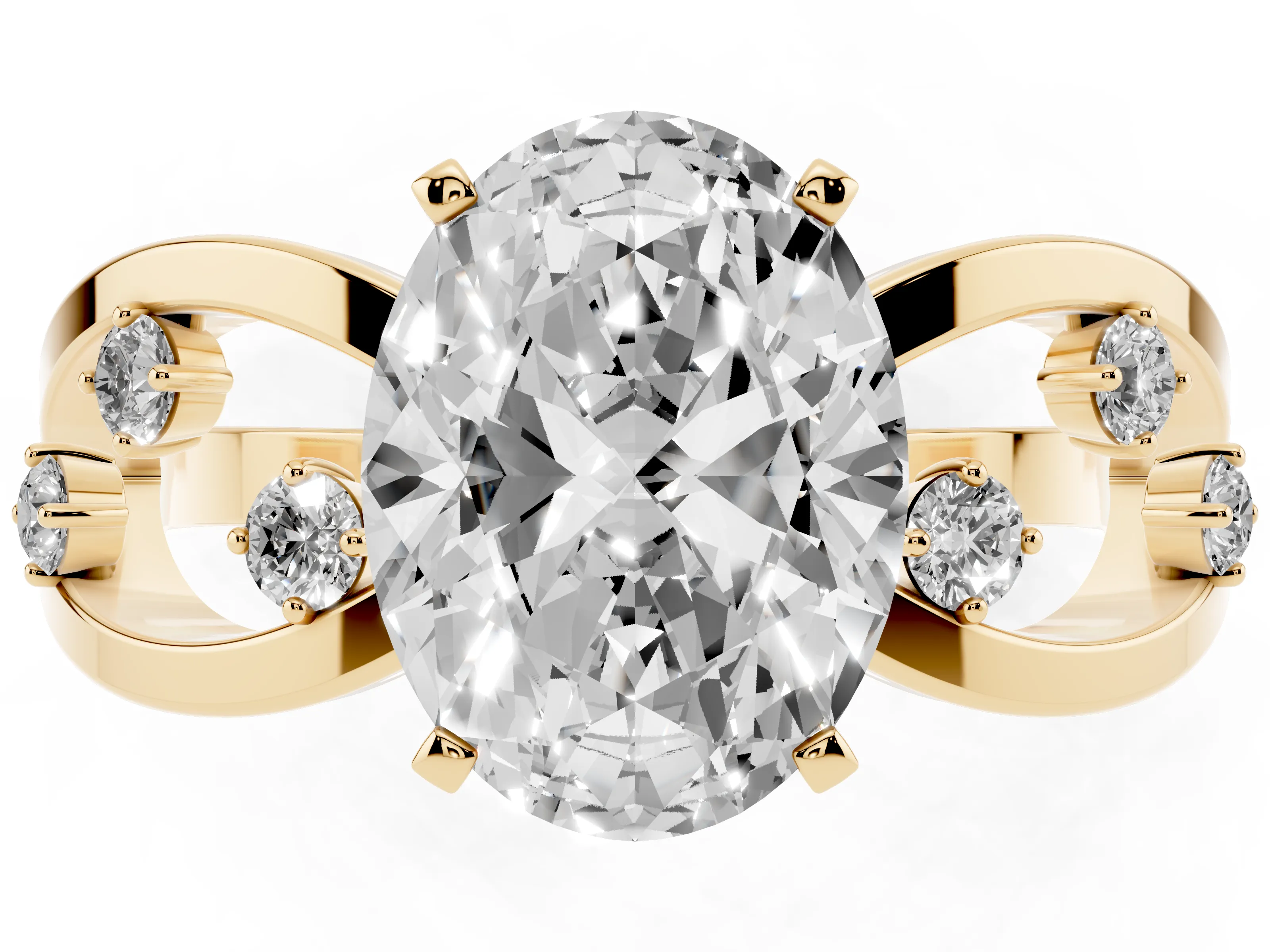 Oval Cut Diamond Solitaire Ring Set in Yellow gold with Side Stones on Criss-Cross Band and Prong Setting