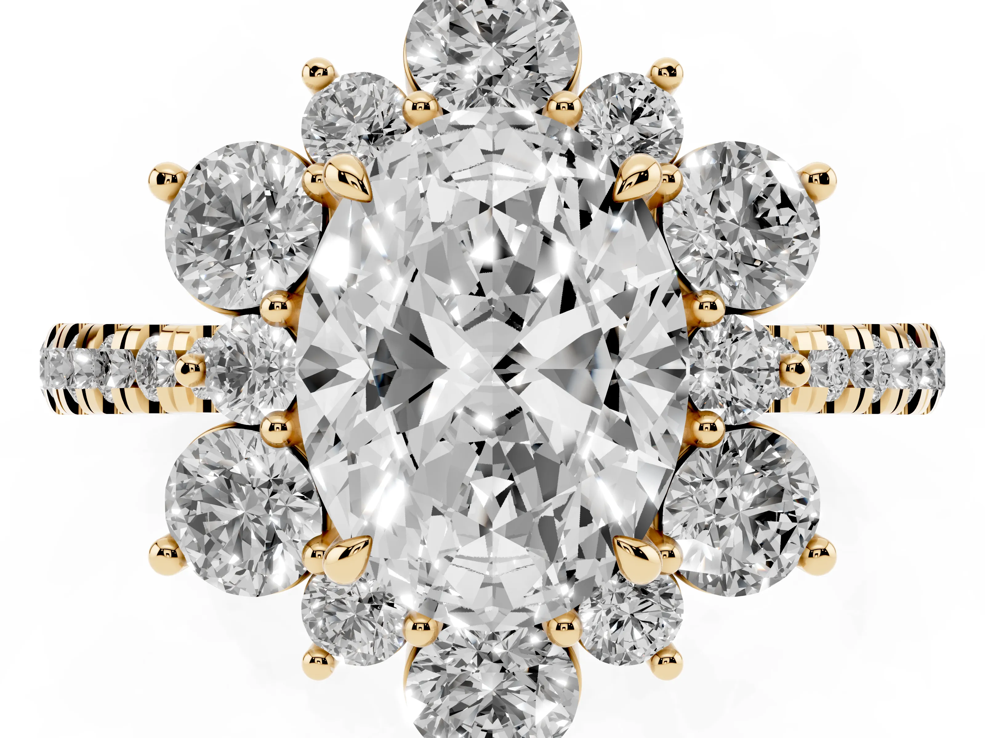 Oval Cut Diamond Floral Halo Ring Set in Yellow gold with Round Pavé Band and Prong Setting