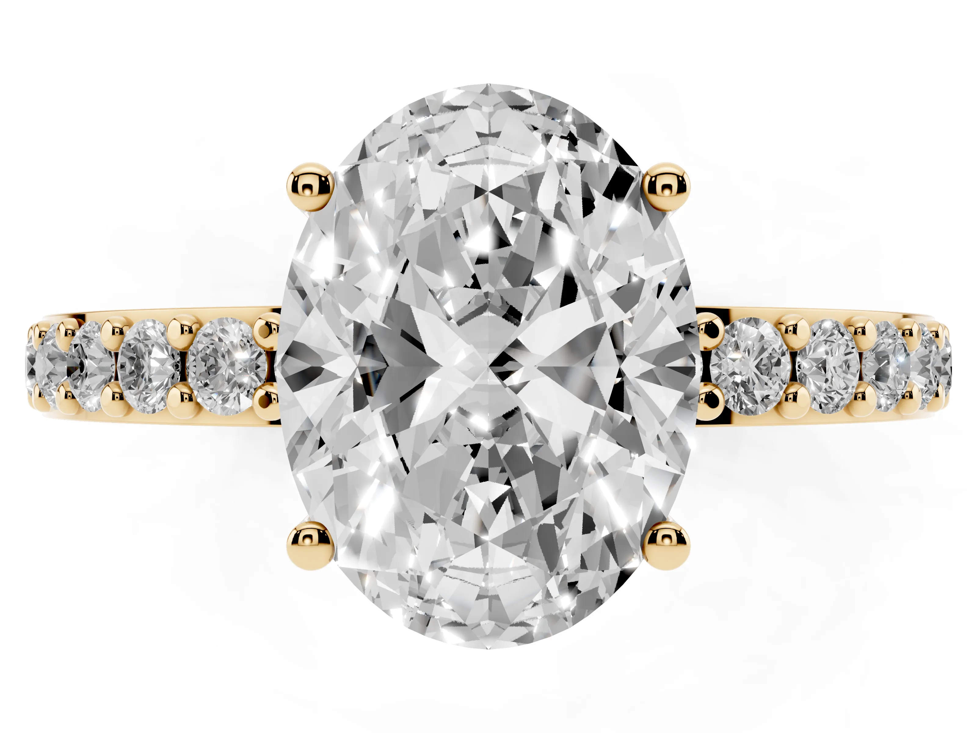 Oval Cut Diamond Solitaire Set in Yellow gold with Round Pavé Band and Prong Setting