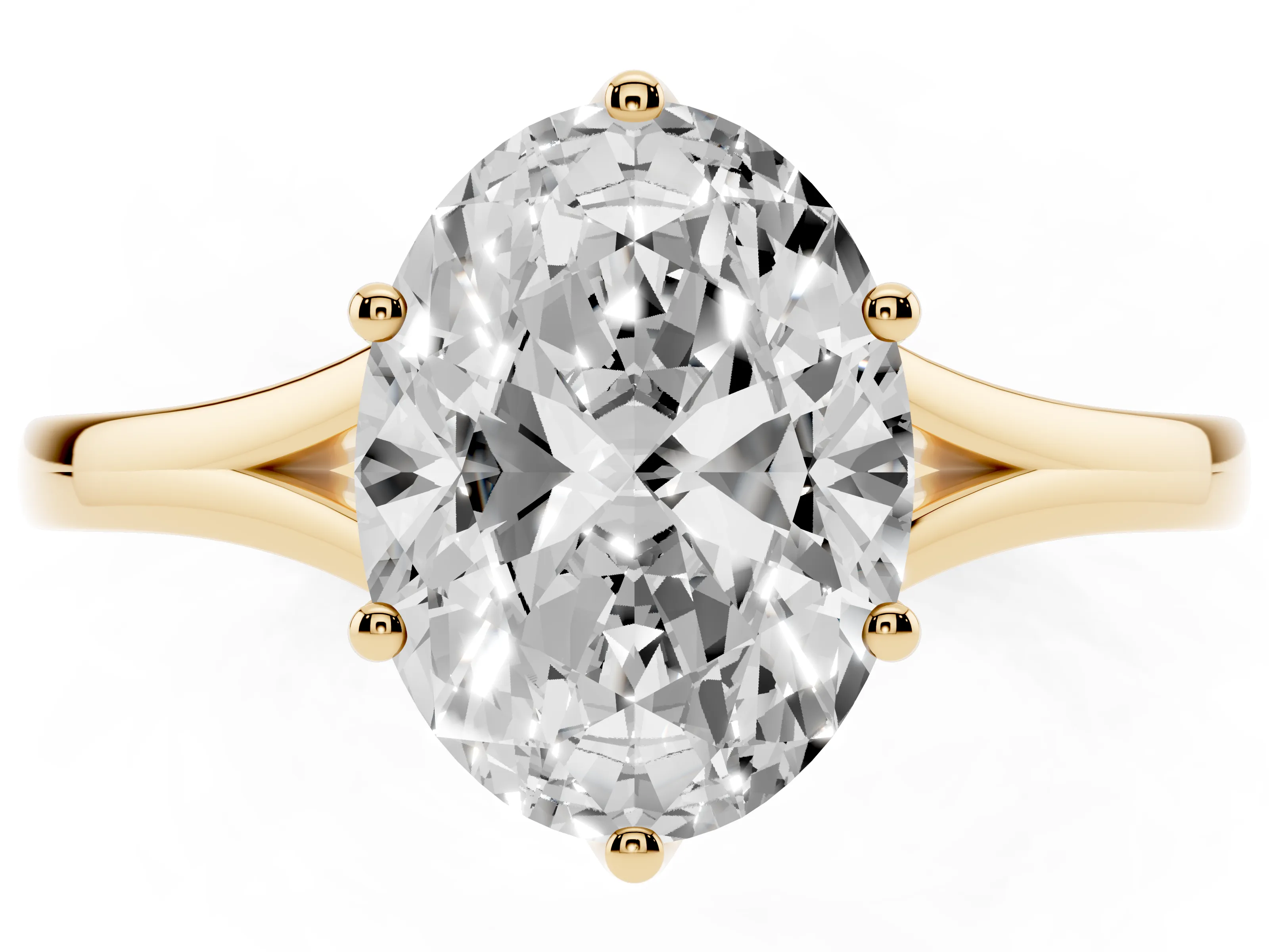 Oval Cut Diamond Solitaire Ring Set in Yellow gold with Polished Tapered Band and Prong Setting