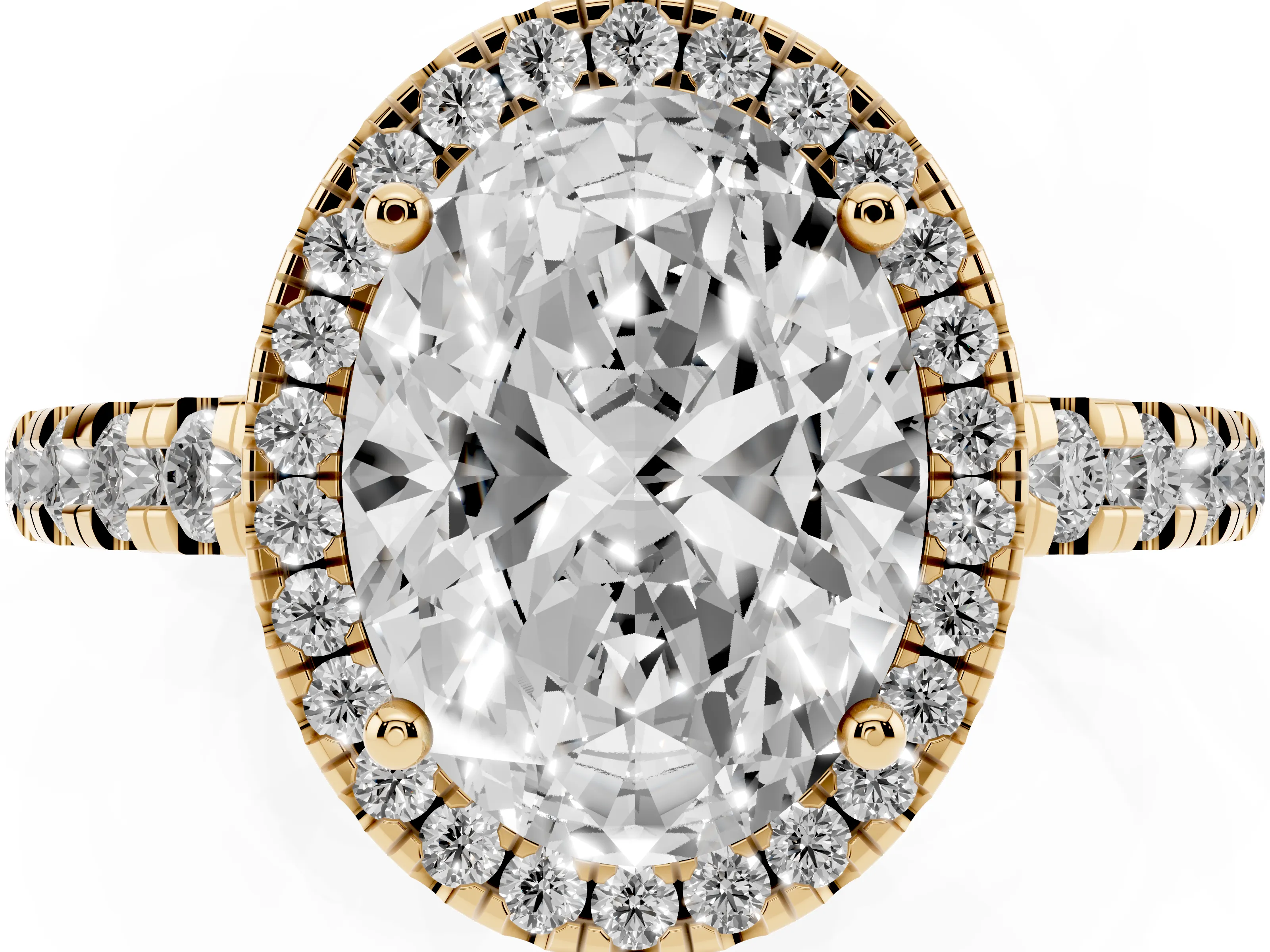 Oval Cut Diamond Halo Ring Set in Yellow gold with Delicate Pavé Band and Prong Setting