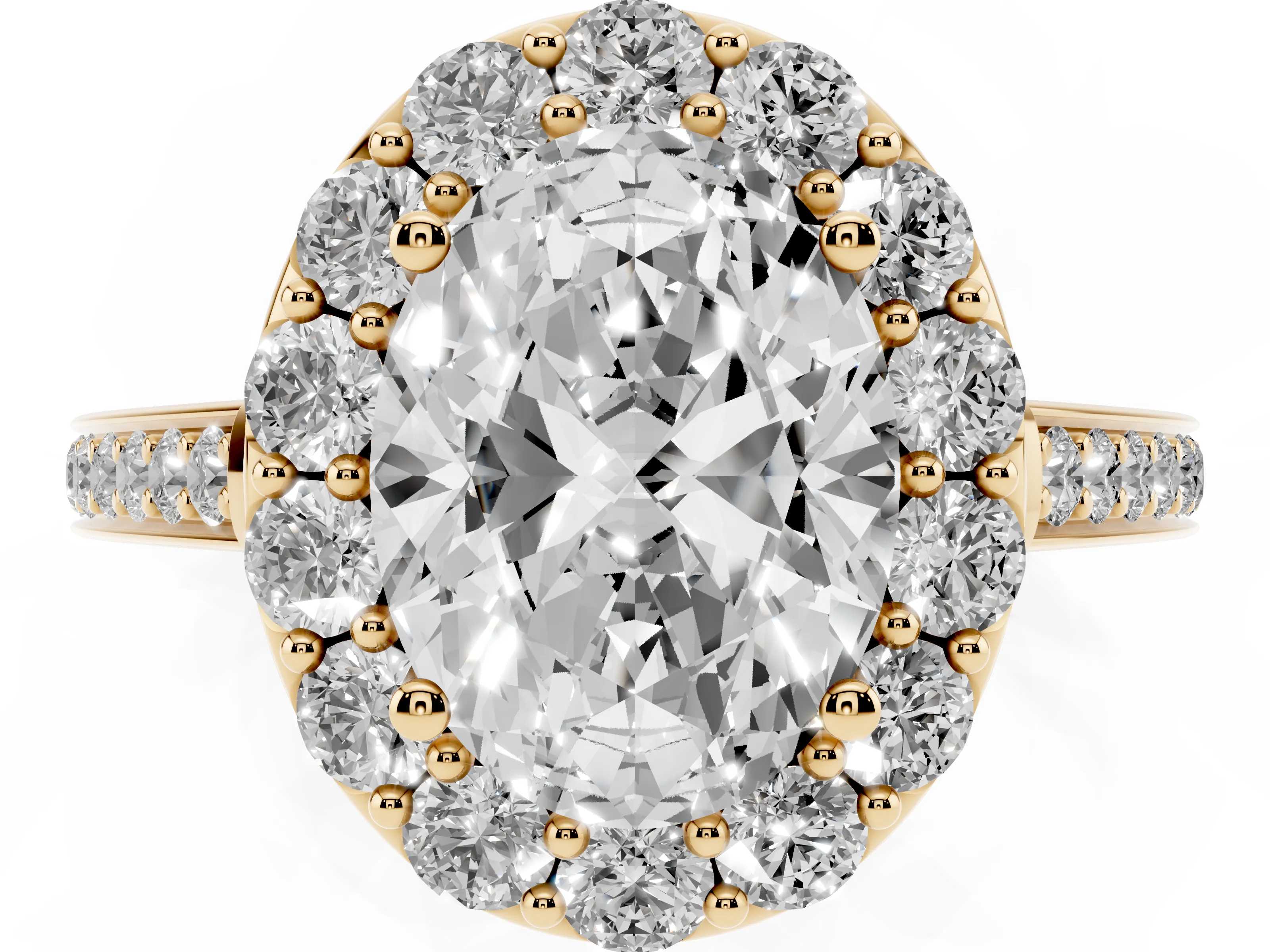 Oval Cut Diamond Floral Halo Ring Set in Yellow gold with Pavé Band and Prong Setting