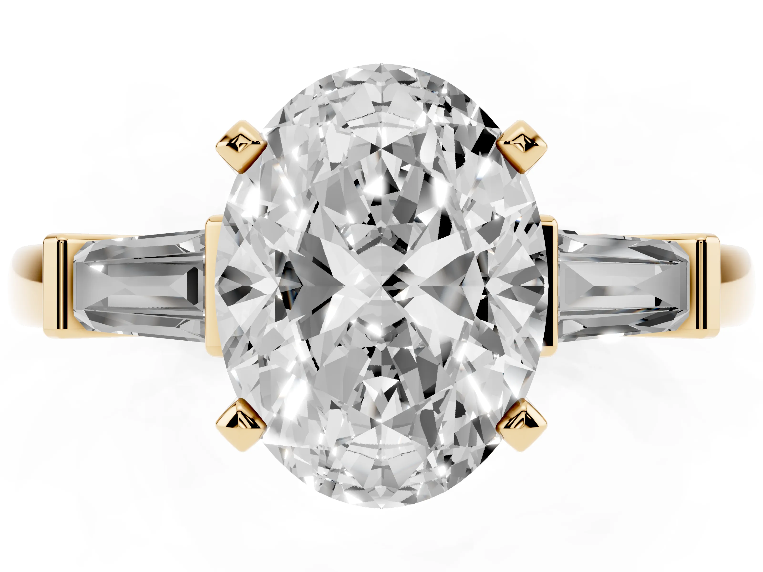 Oval Cut Diamond Solitaire Ring Set in Yellow gold with Tapered Baguette Accents and Prong Setting