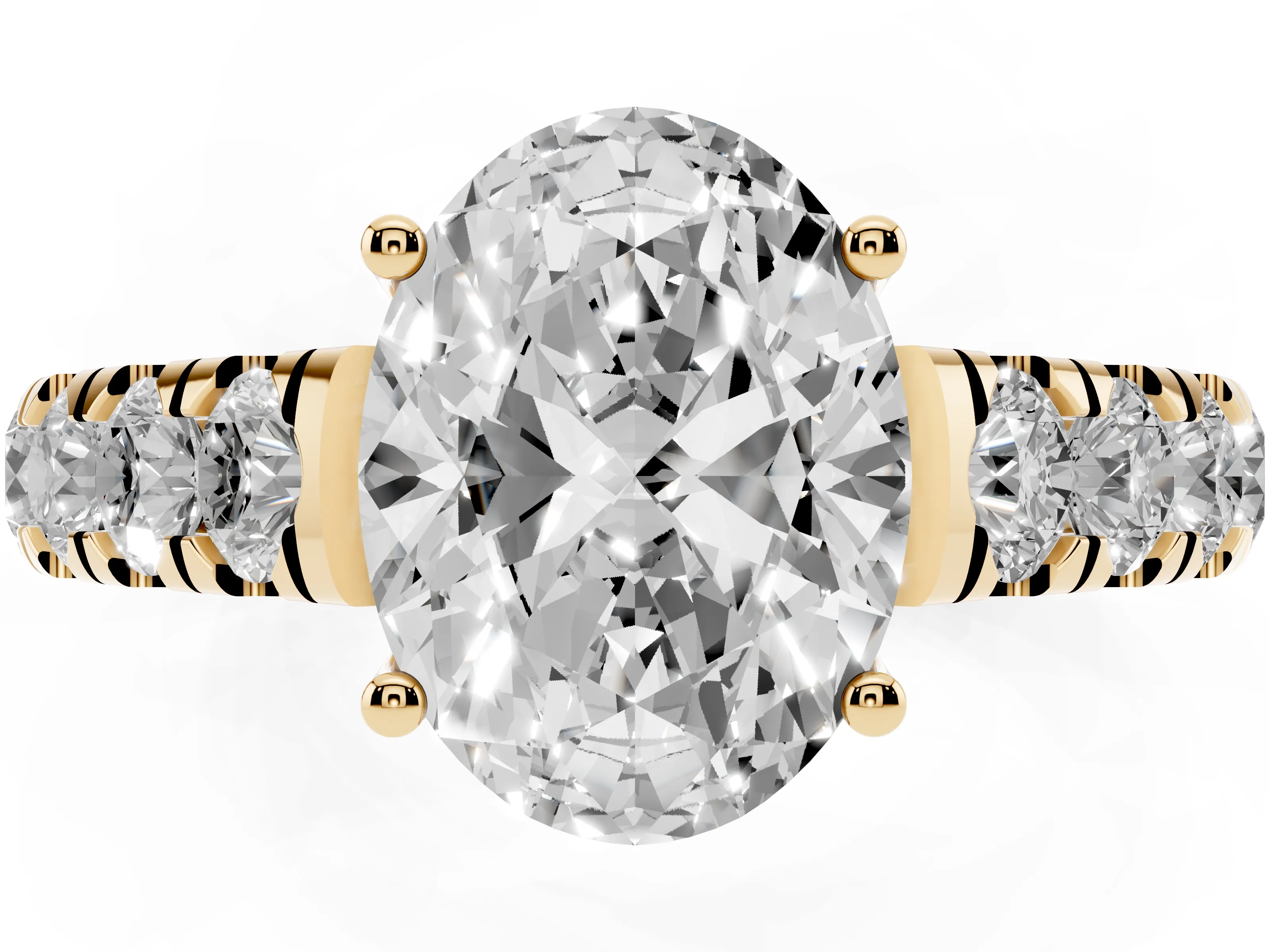 Oval Cut Diamond Solitaire Ring Set in Yellow gold with Cut-Down Micro Pavé Band and Prong Setting