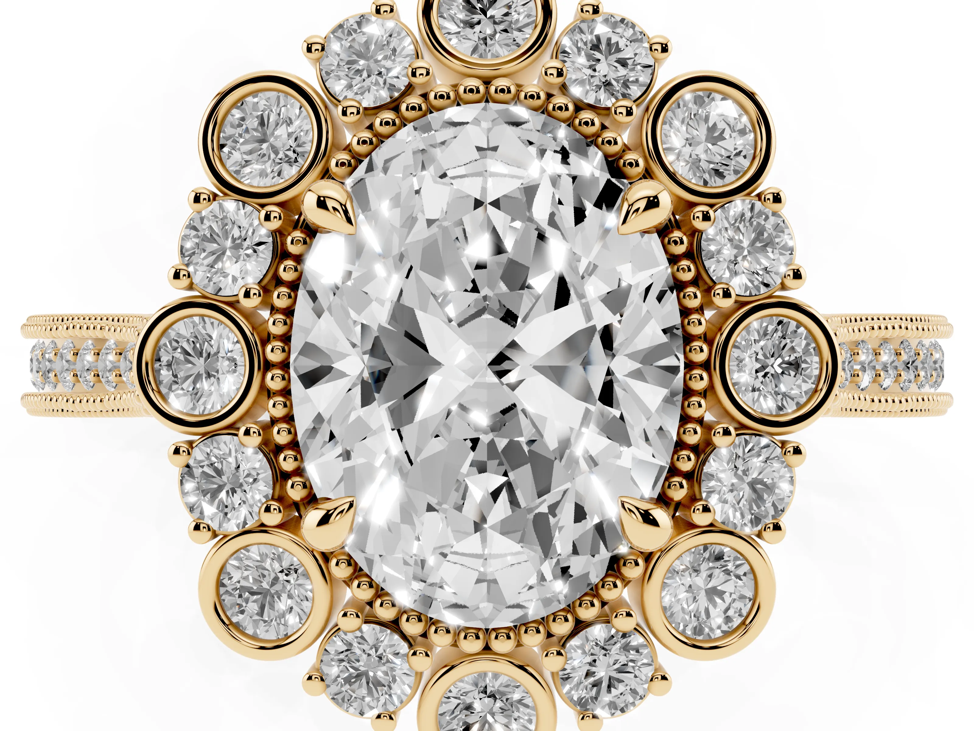 Oval Cut Diamond Halo Milgrain Pavé Ring Set in Yellow gold with Prong Setting