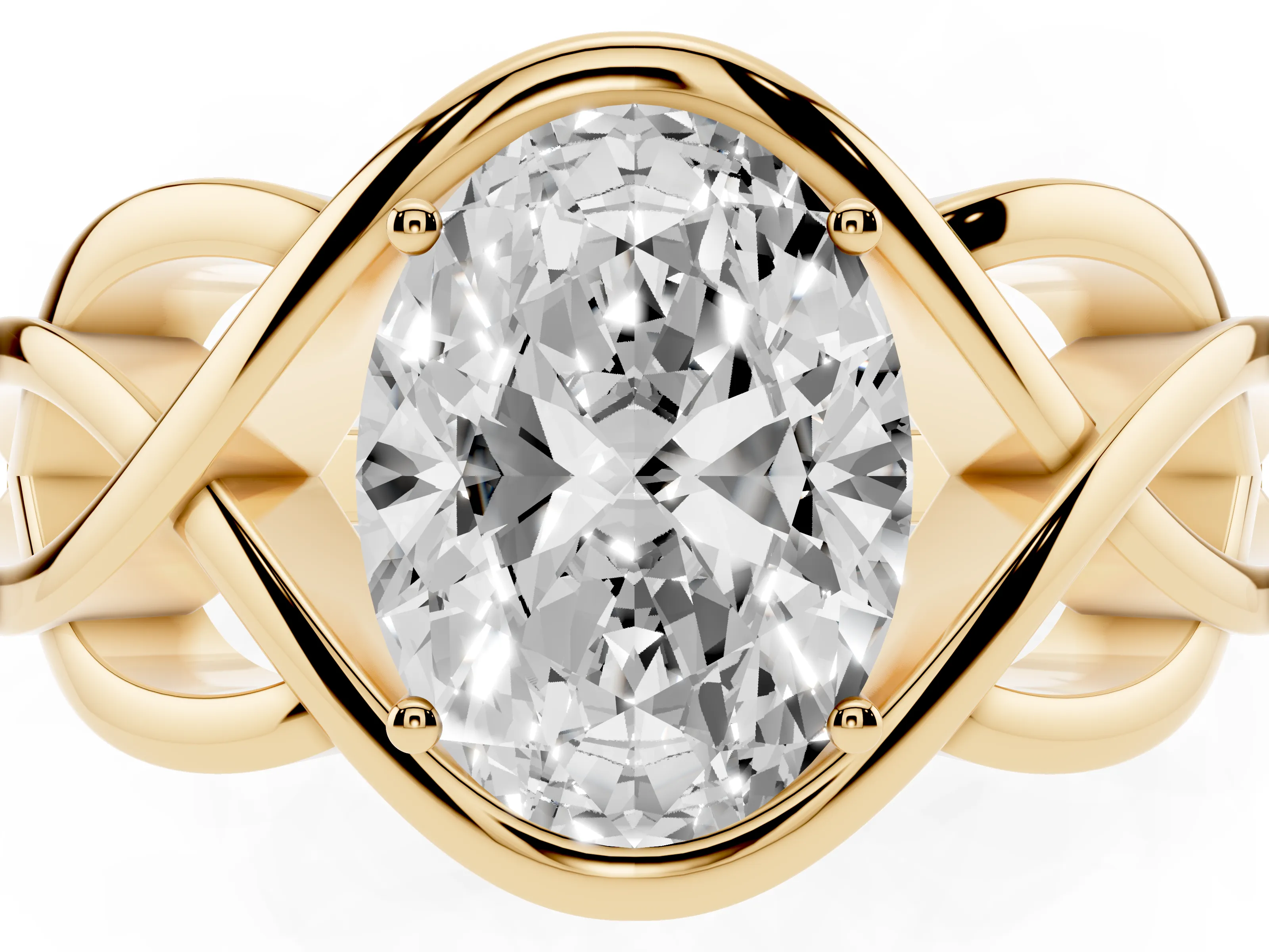 Oval Cut Diamond Solitaire Ring Set in Yellow gold with Intertwined Band