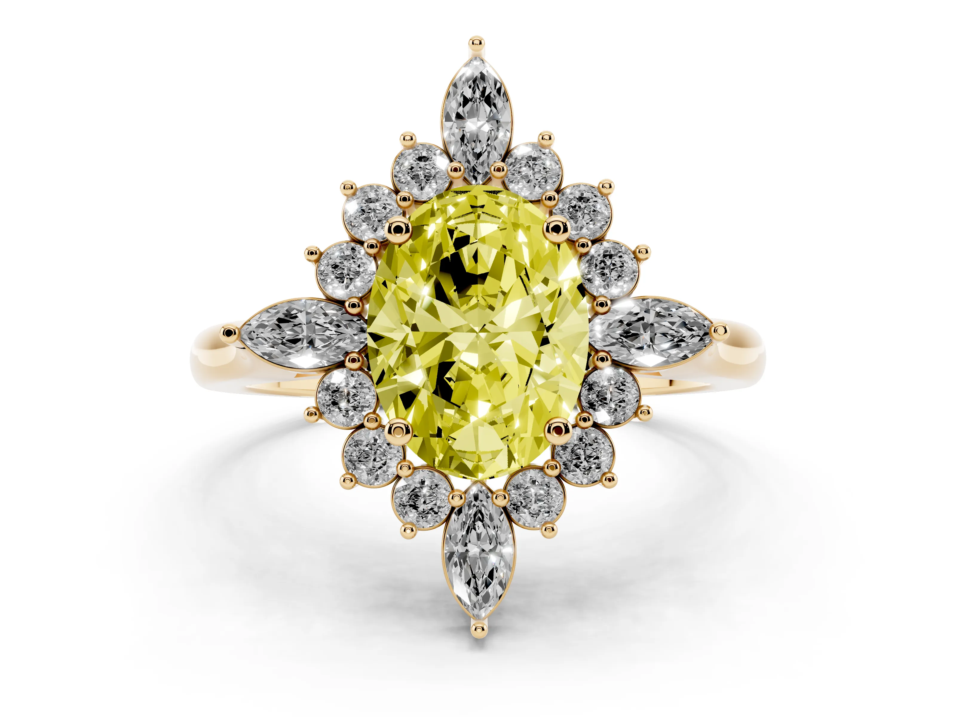 Fancy Yellow Oval Cut Diamond Cluster Halo Ring Set in Yellow gold with Marquise and Round Accents