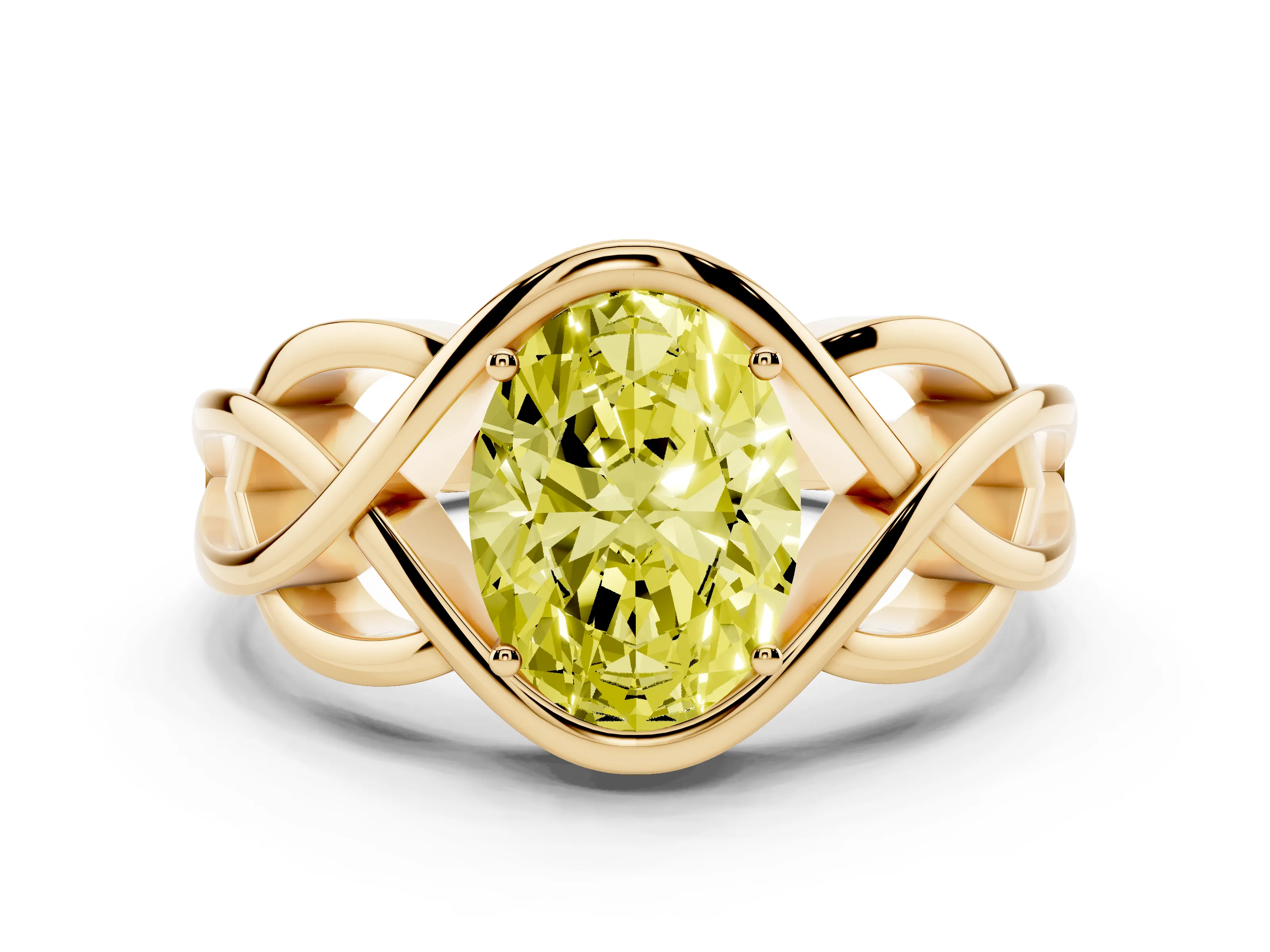 Fancy Yellow Oval Cut Diamond Solitaire Ring Set in Yellow gold with Intertwined Band
