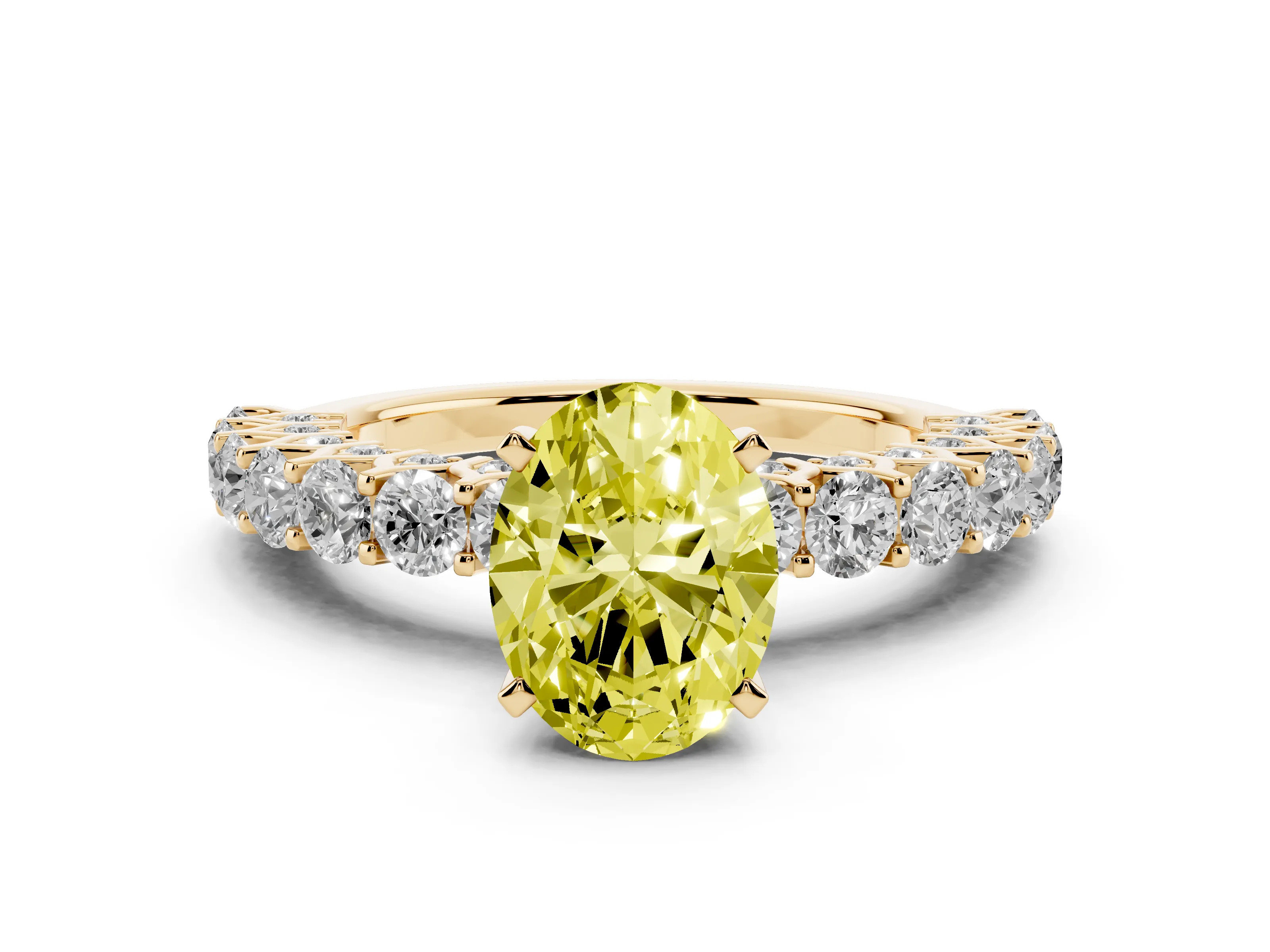 Fancy Yellow Oval Cut Diamond Solitaire Ring Set in Yellow gold with Shared Prong Pavé Band