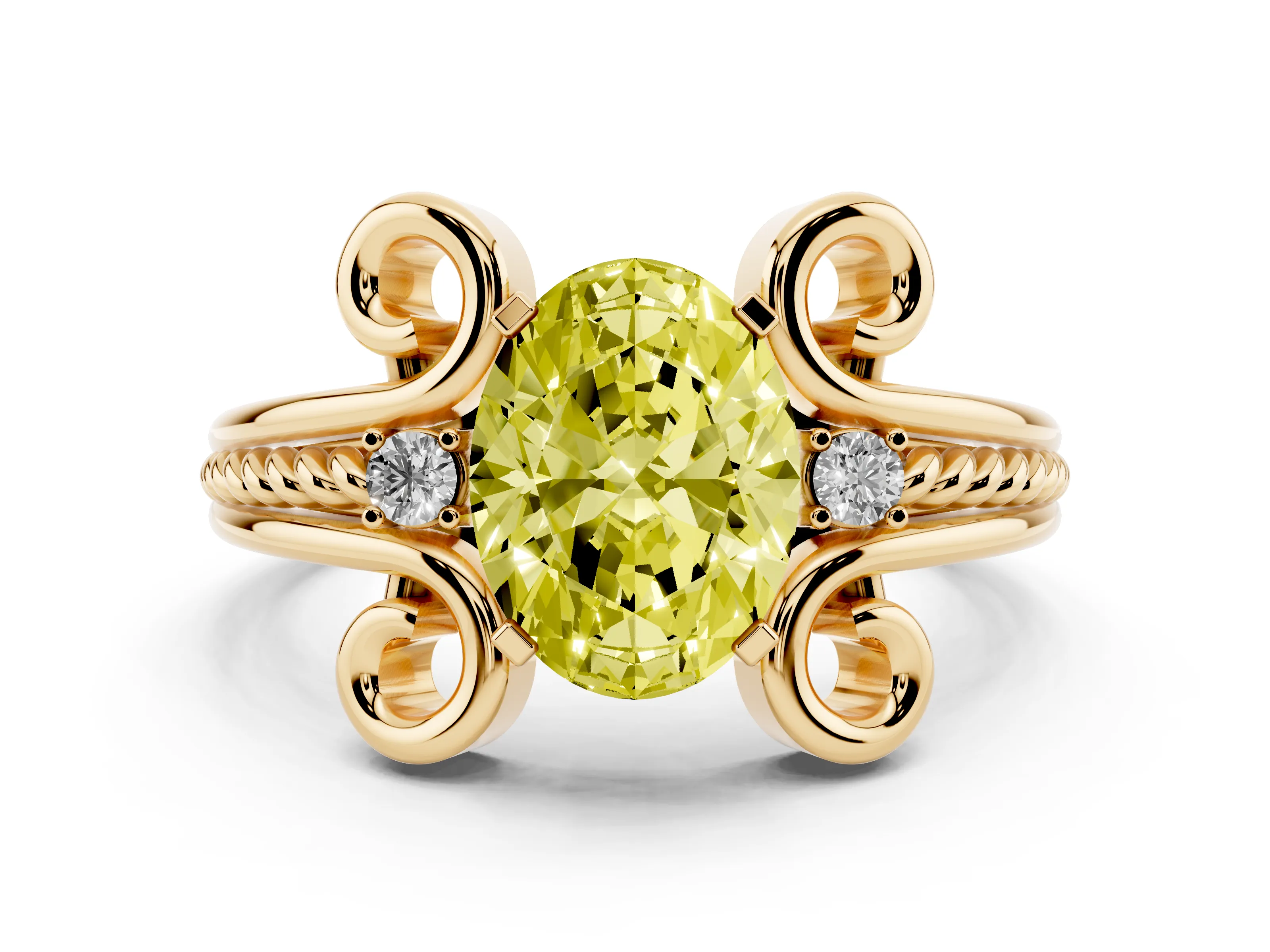 Fancy Yellow Oval Cut Diamond Twisted Band Solitaire Ring Set in Yellow gold with Scroll Prongs