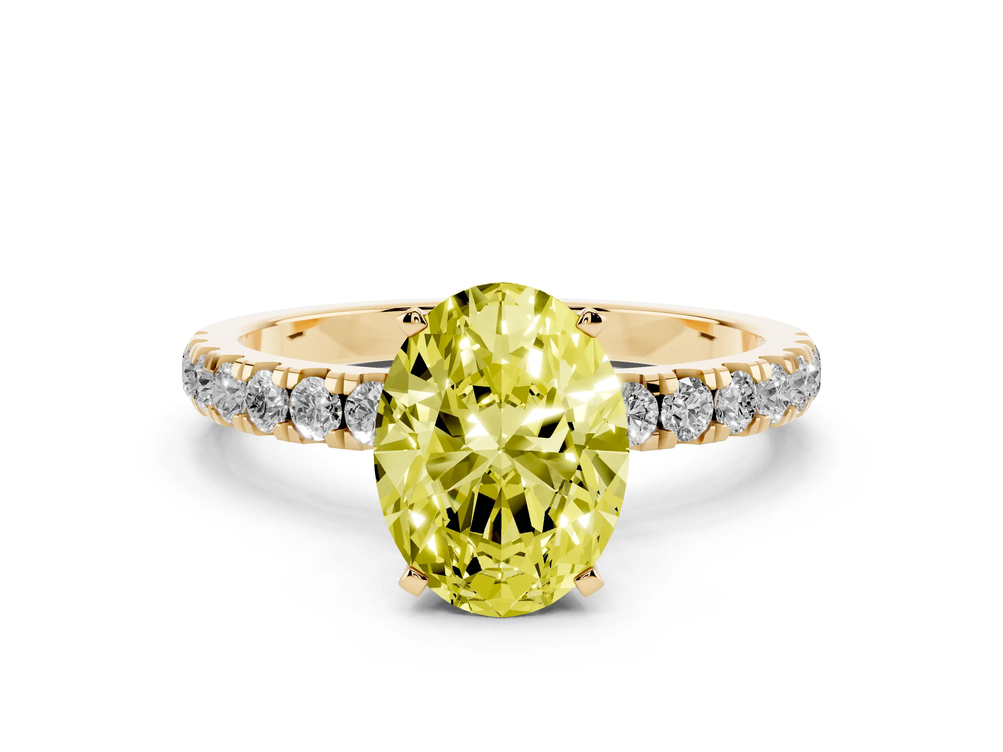 Fancy Yellow Oval Cut Diamond Solitaire Ring Set in Yellow gold with Pavé Accents and Prong Setting