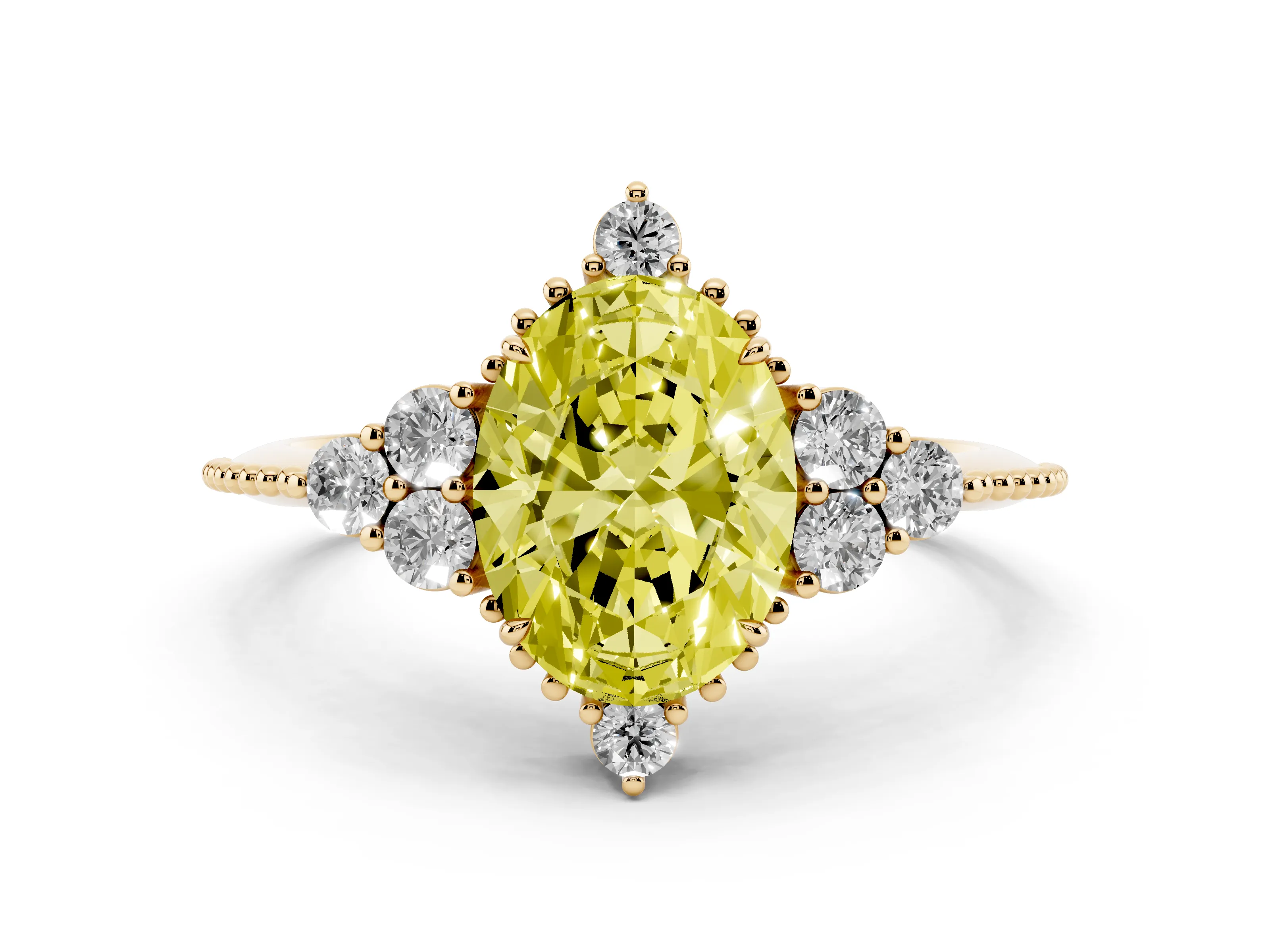 Fancy Yellow Oval Cut Diamond Cluster Ring Set in Yellow gold with Beaded Band