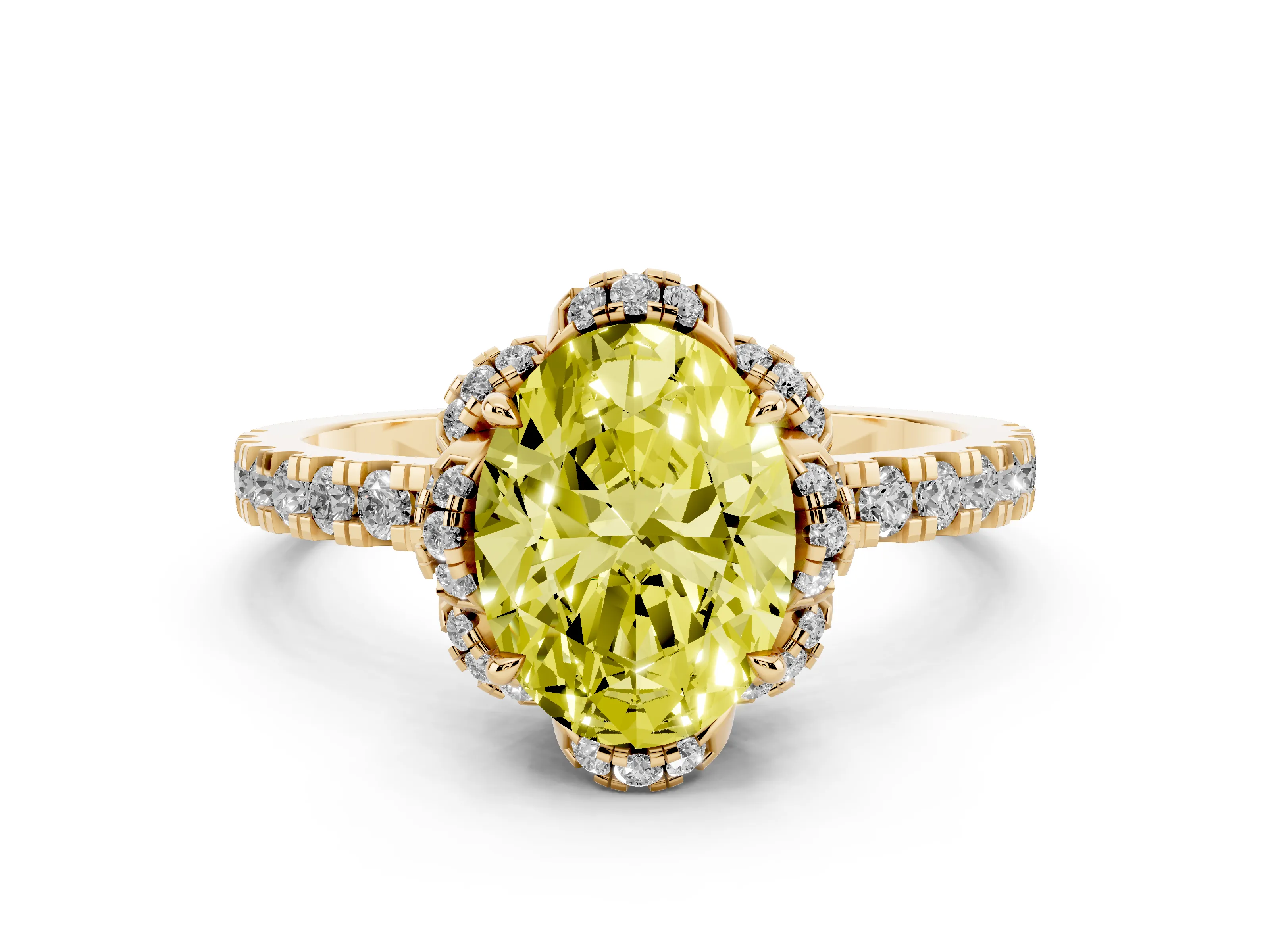 Fancy Yellow Oval Cut Diamond Halo Pavé Band Ring Set in Yellow gold with Prong-Held Center