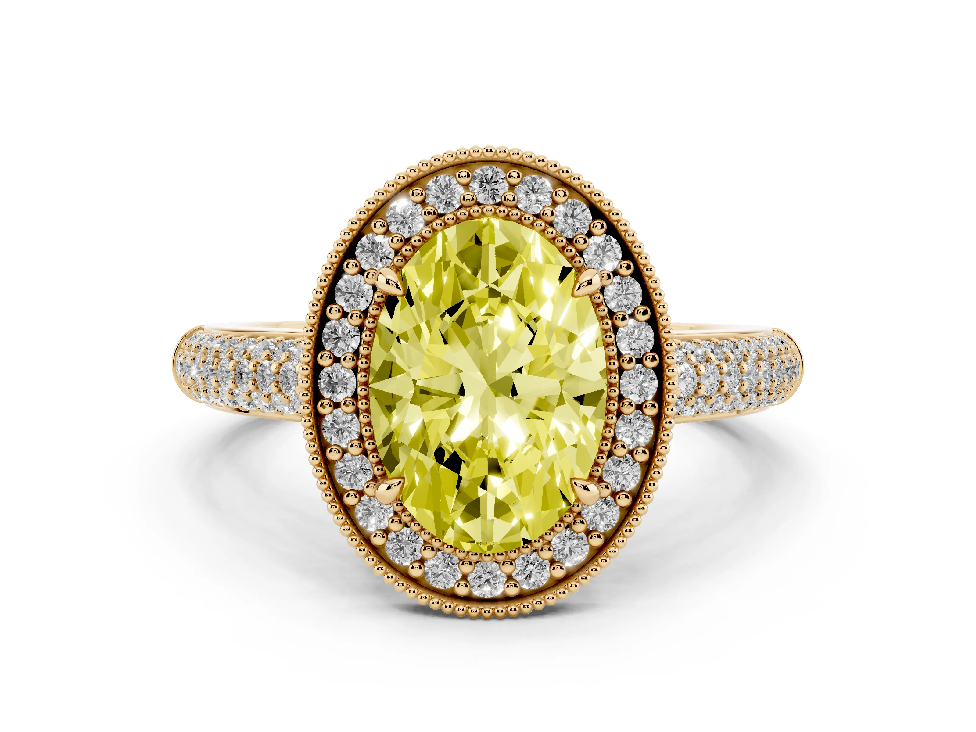 Fancy Yellow Oval Cut Diamond Halo Pavé Band Set in Yellow gold with Prong Setting