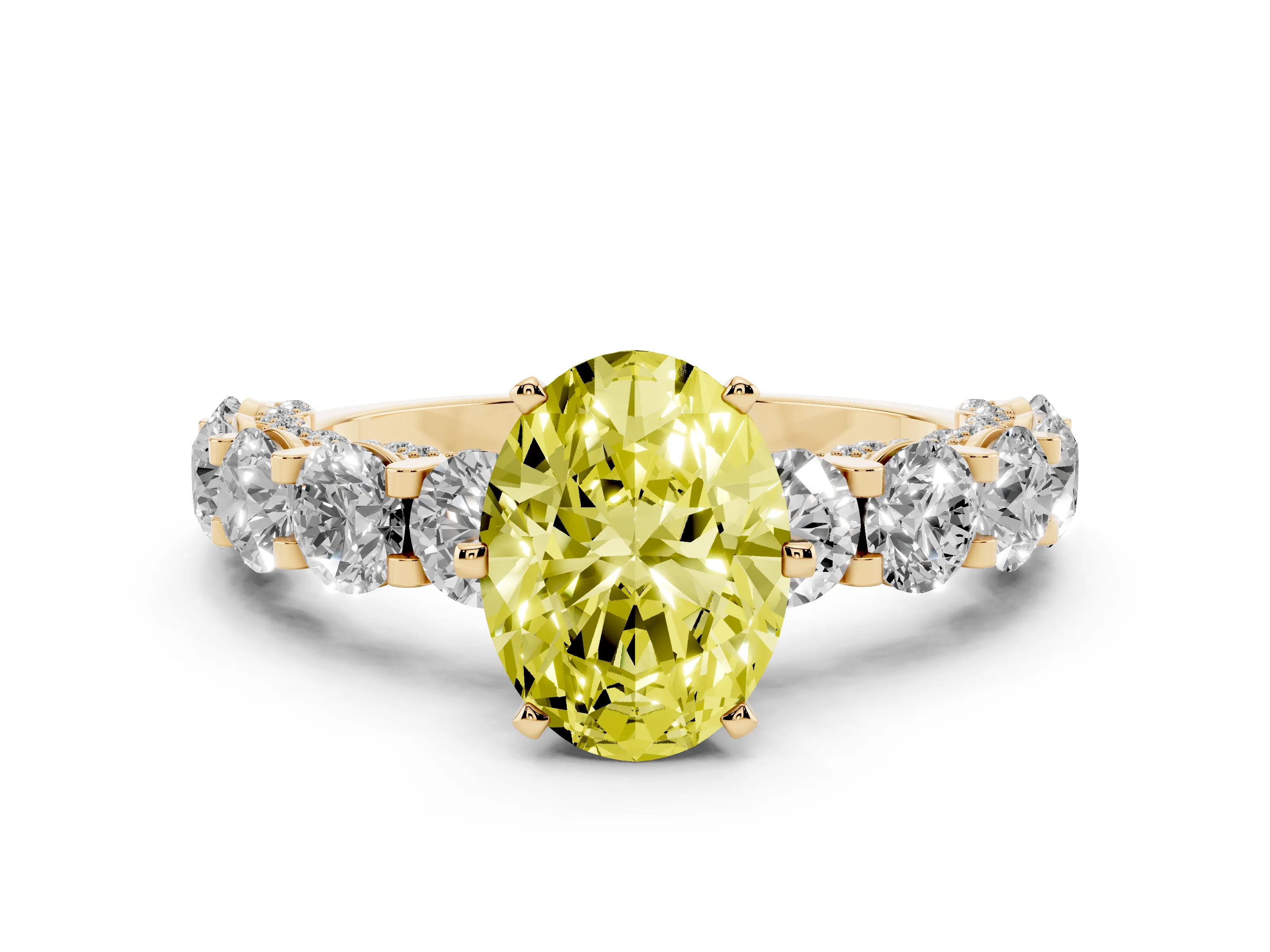 Fancy Yellow Oval Cut Diamond Side Stone Ring Set in Yellow gold with Alternating Round and Oval Side Stones