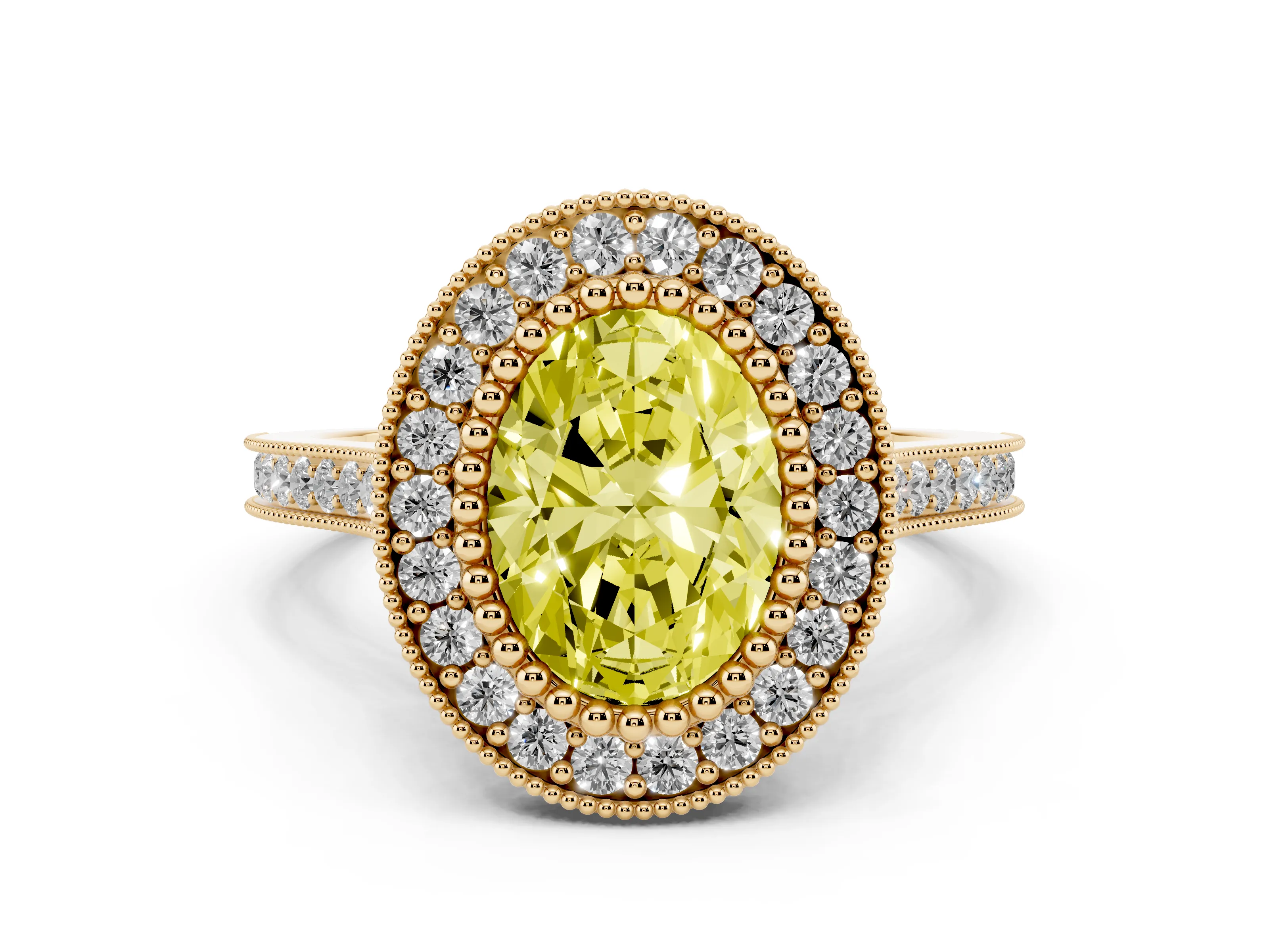 Fancy Yellow Oval Cut Diamond Halo Ring Set in Yellow gold with Milgrain Frame and Pavé Band
