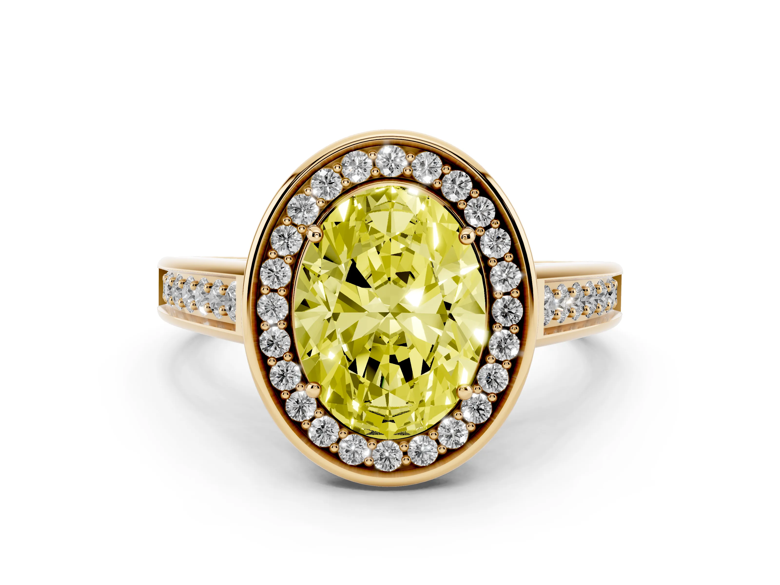 Fancy Yellow Oval Cut Diamond Halo Solitaire Ring Set in Yellow gold with Pavé Band and Bezel Setting