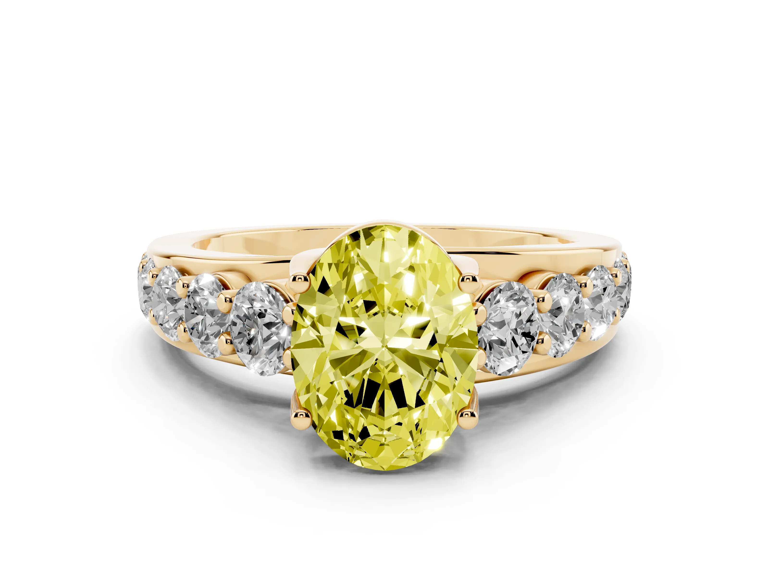 Fancy Yellow Oval Cut Diamond Pavé Engagement Ring Set in Yellow gold with Prong Setting