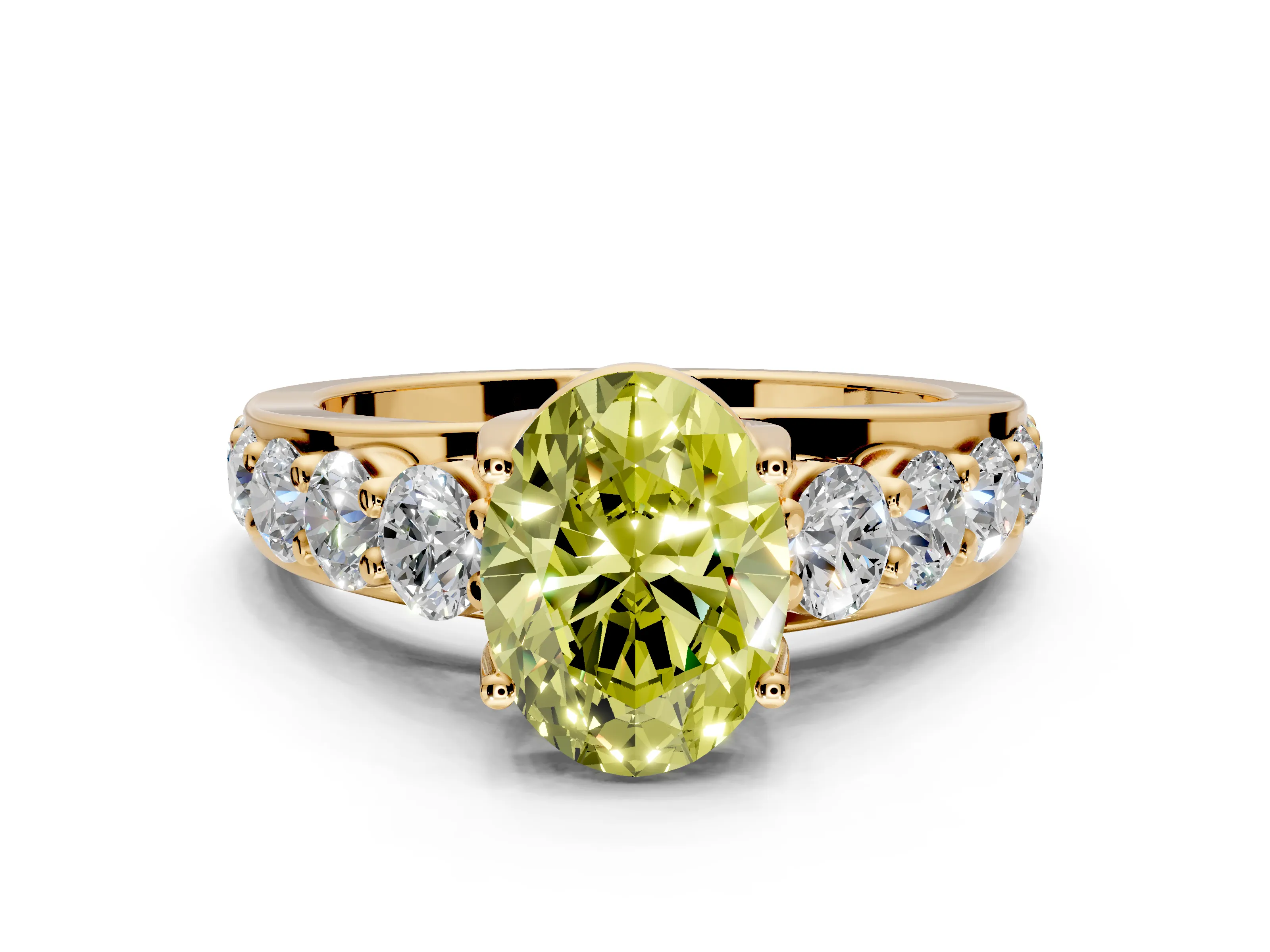 Solitaire Engagement Ring Setting for Fancy Yellow Oval Center with Graduated Shared Prongs and Prong Head in Yellow Gold