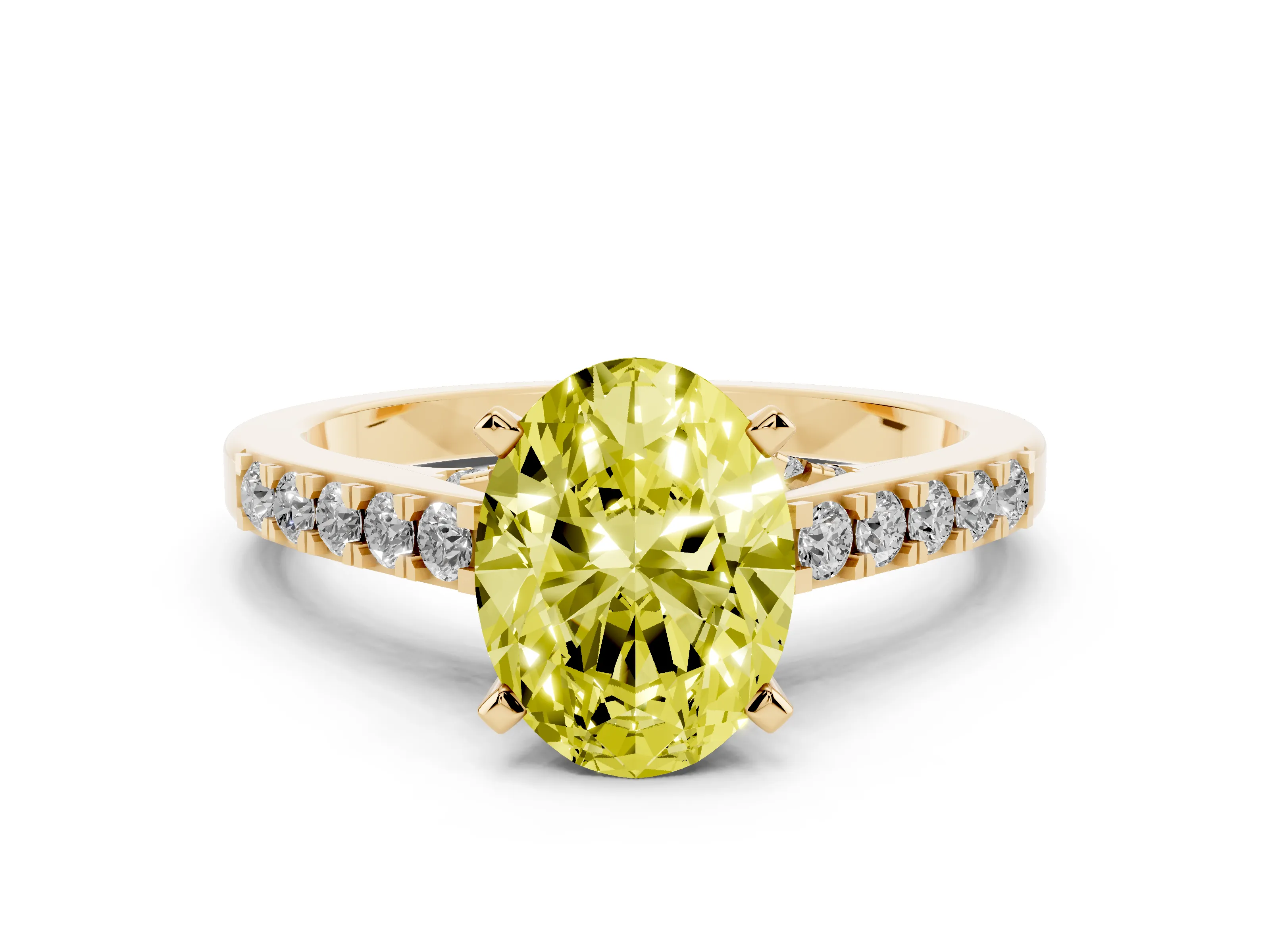 Fancy Yellow Oval Cut Diamond Solitaire Ring Set in Yellow gold with Crossover Gallery and Round Pavé Band