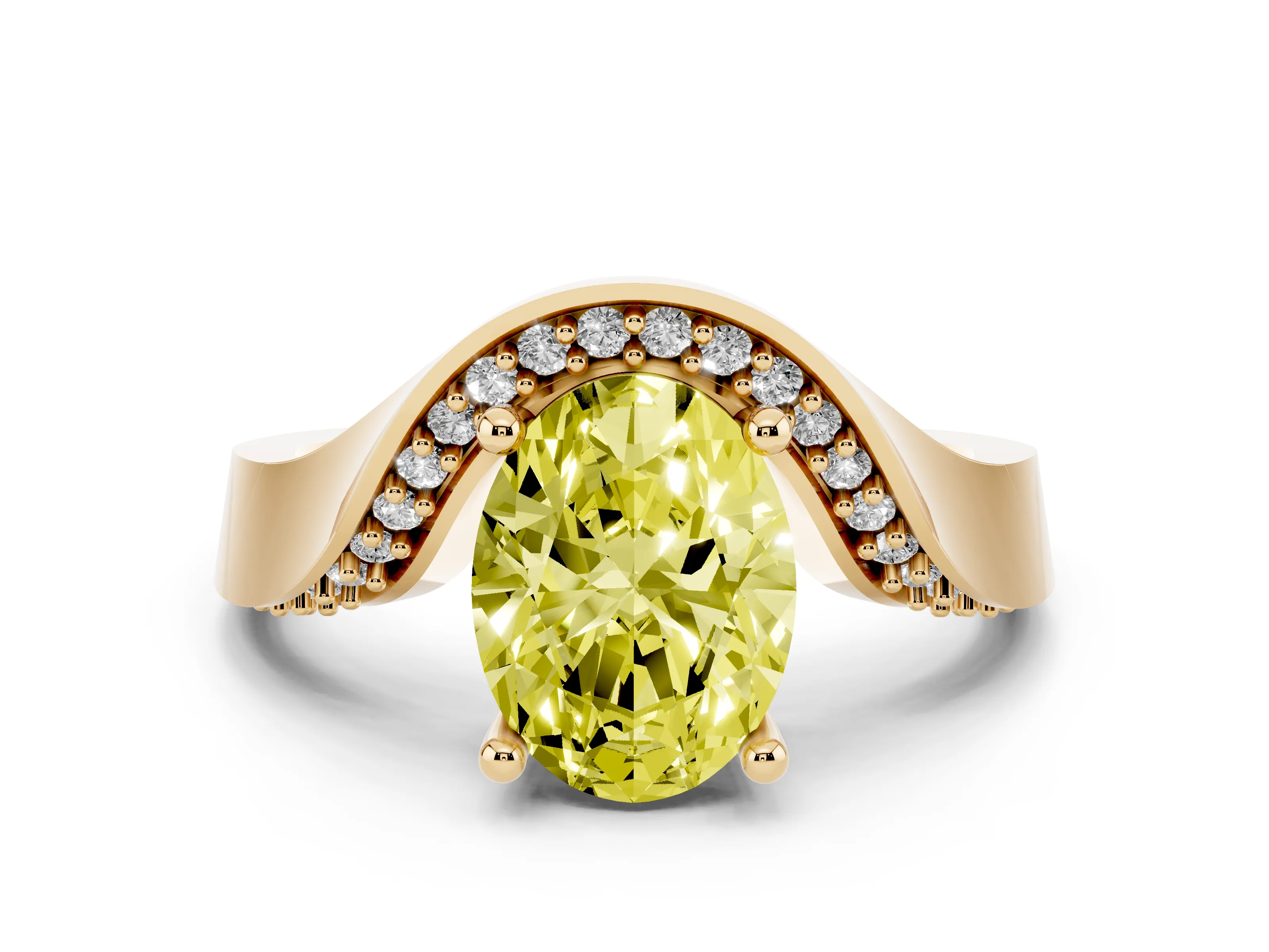 Fancy Yellow Oval Cut Diamond Solitaire Engagement Ring Set in Yellow gold with Pavé Shoulders
