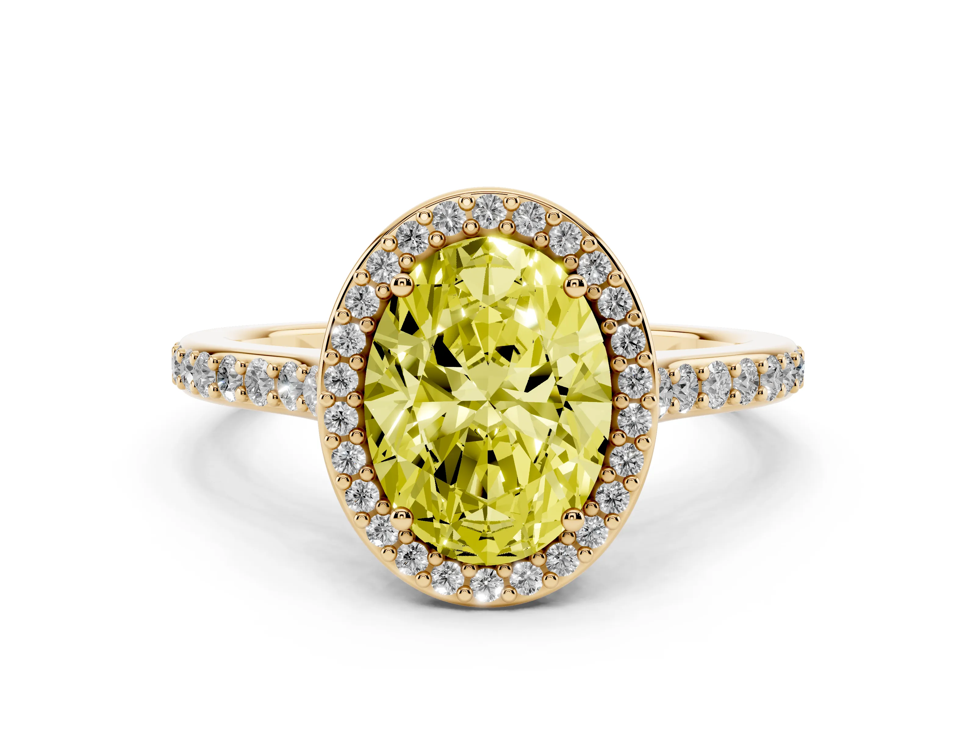 Fancy Yellow Oval Cut Diamond Halo Engagement Ring Set in Yellow gold with Round Pavé Shoulders and Heart Gallery