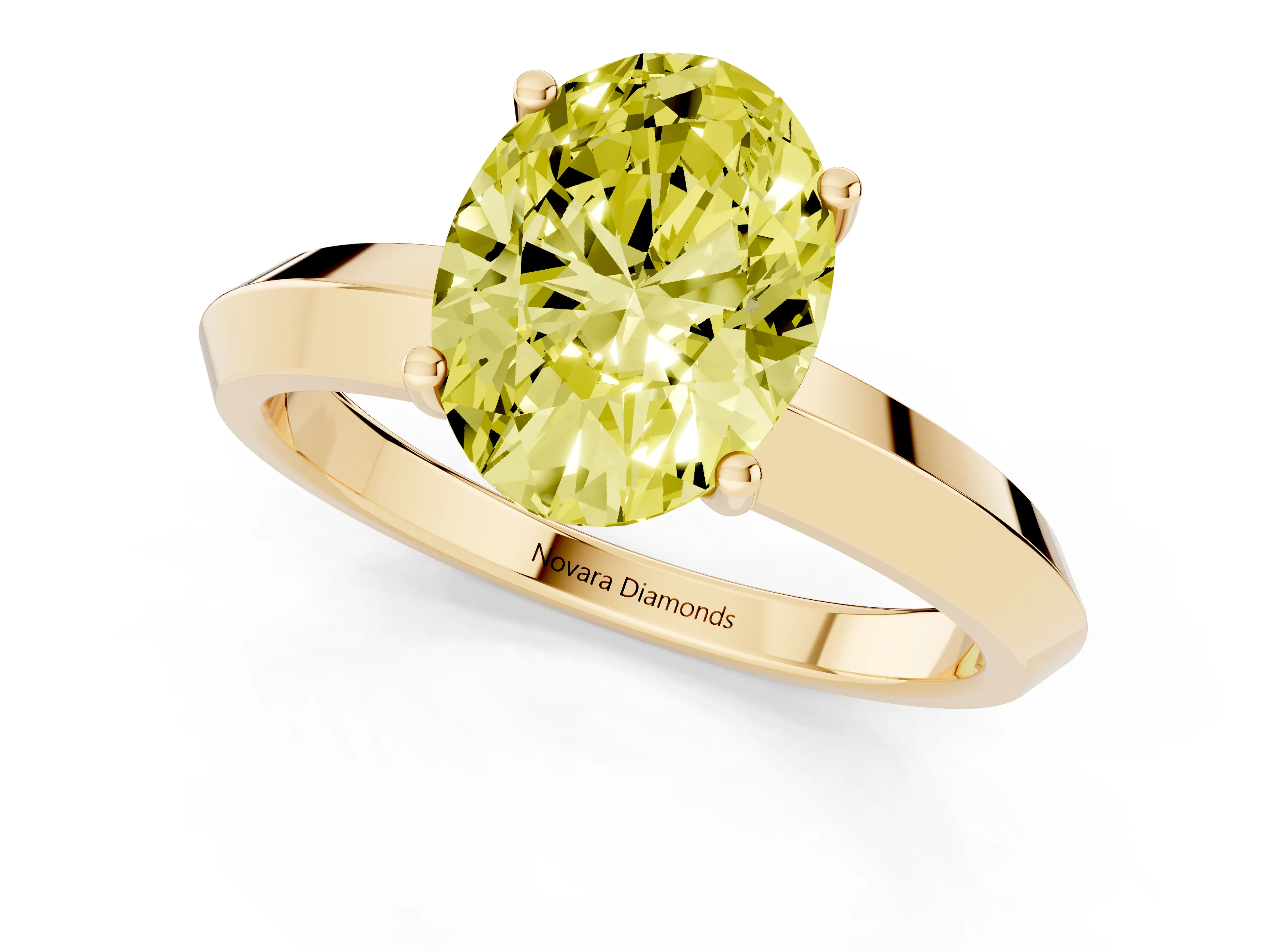 Fancy Yellow Oval Cut Diamond Solitaire Engagement Ring Set in Yellow gold with Flat Band and Prong Setting