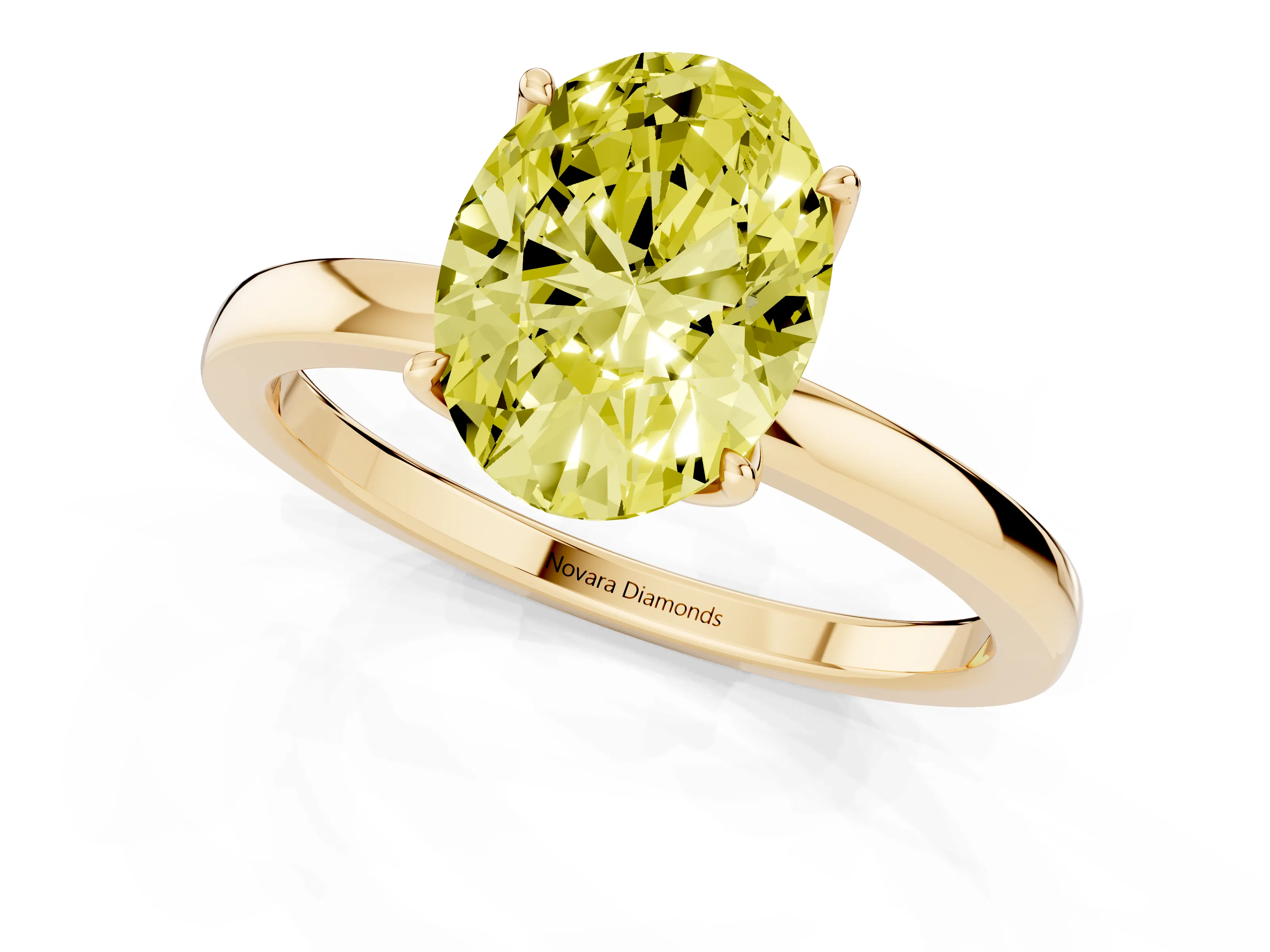 Fancy Yellow Oval Cut Diamond Solitaire Ring Set in Yellow gold with Prong Setting and Thin Polished Band