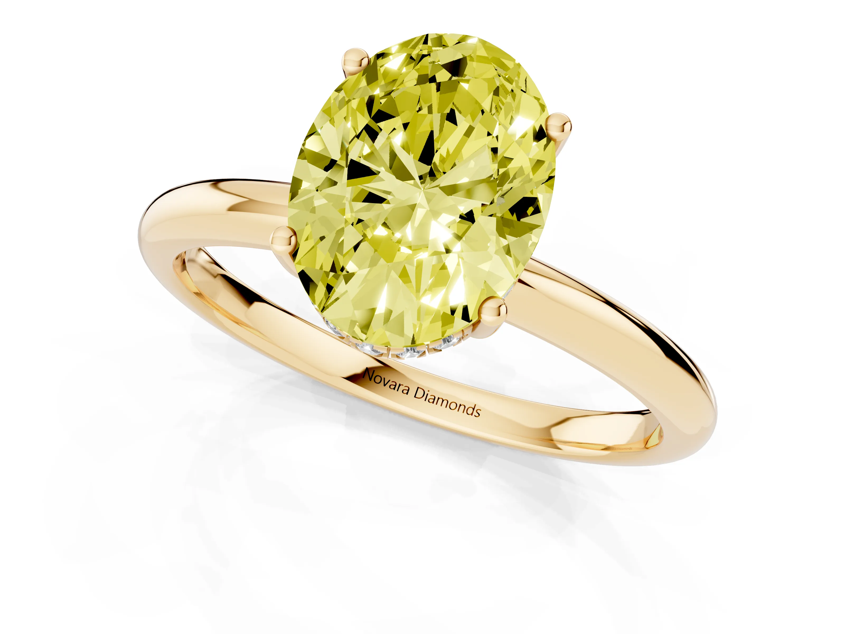 Fancy Yellow Oval Cut Diamond Solitaire Engagement Ring Set in Yellow gold with Prong Setting and Polished Band