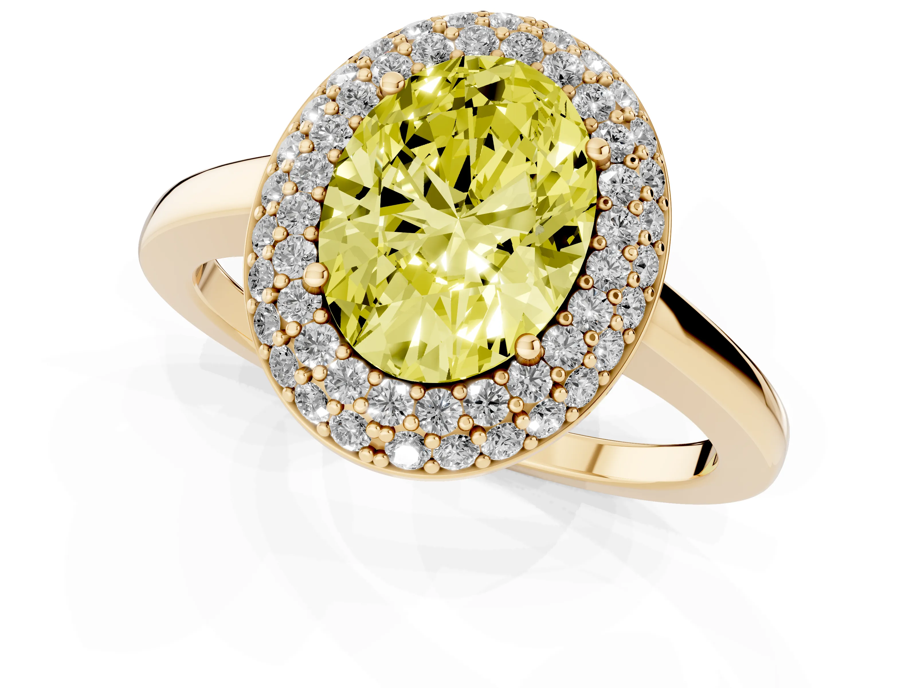 Fancy Yellow Oval Cut Diamond Halo Engagement Ring Set in Yellow gold with Solitaire Band and Prong Setting