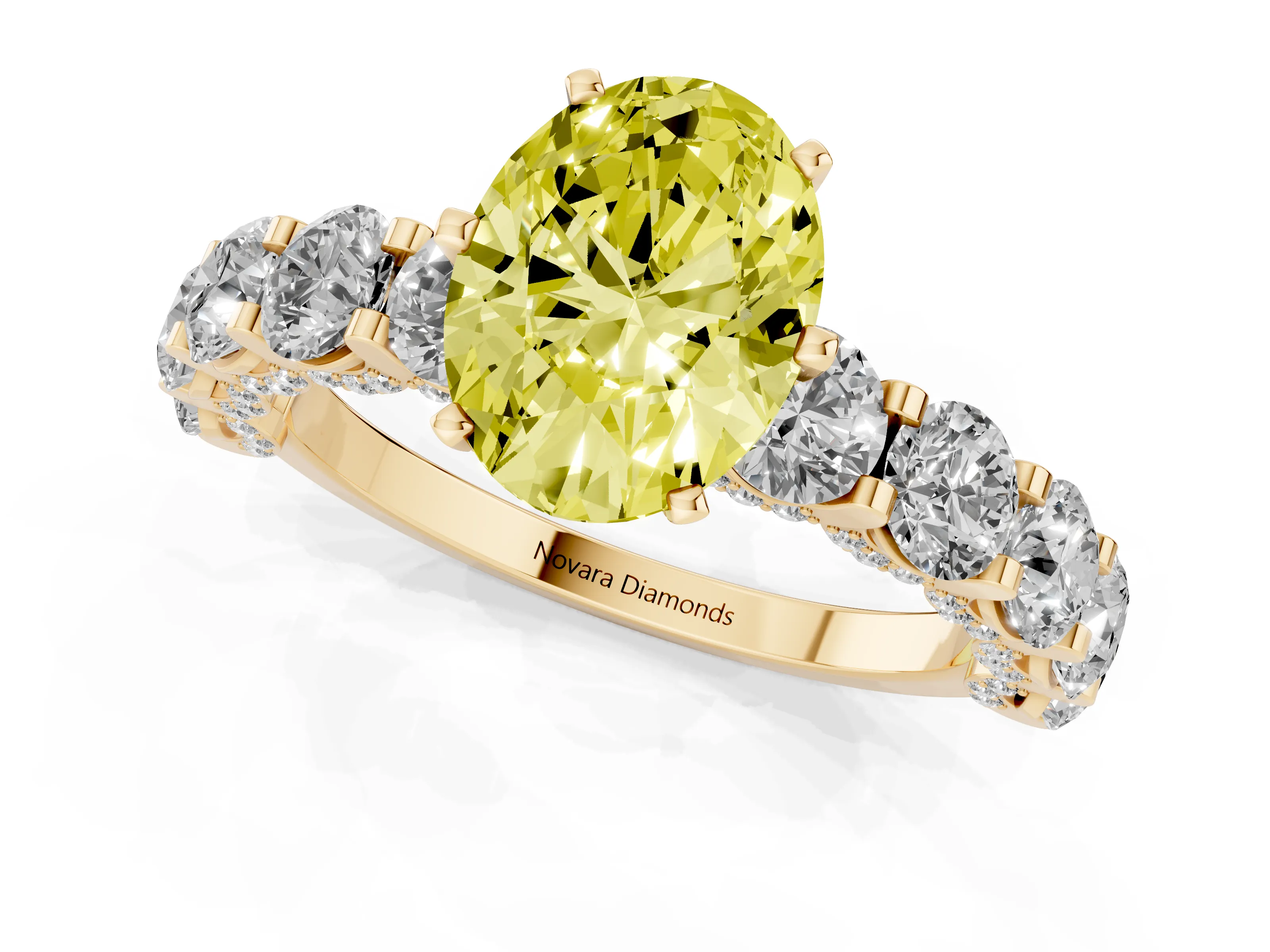 Fancy Yellow Oval Cut Diamond Side Stone Ring Set in Yellow gold with Alternating Round and Oval Side Stones