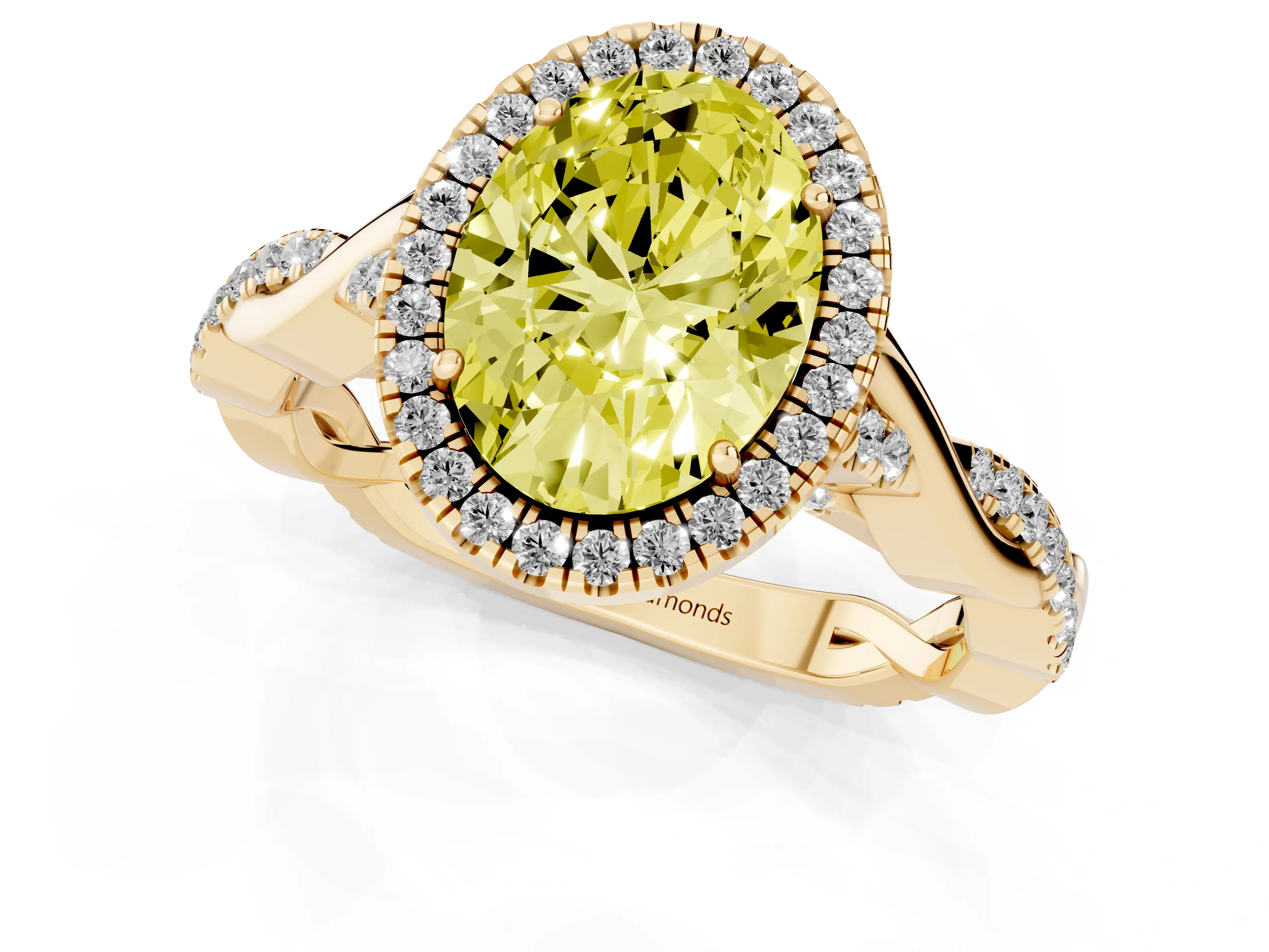 Fancy Yellow Oval Cut Diamond Halo Twist Band Solitaire Ring Set in Yellow gold with Prong Setting