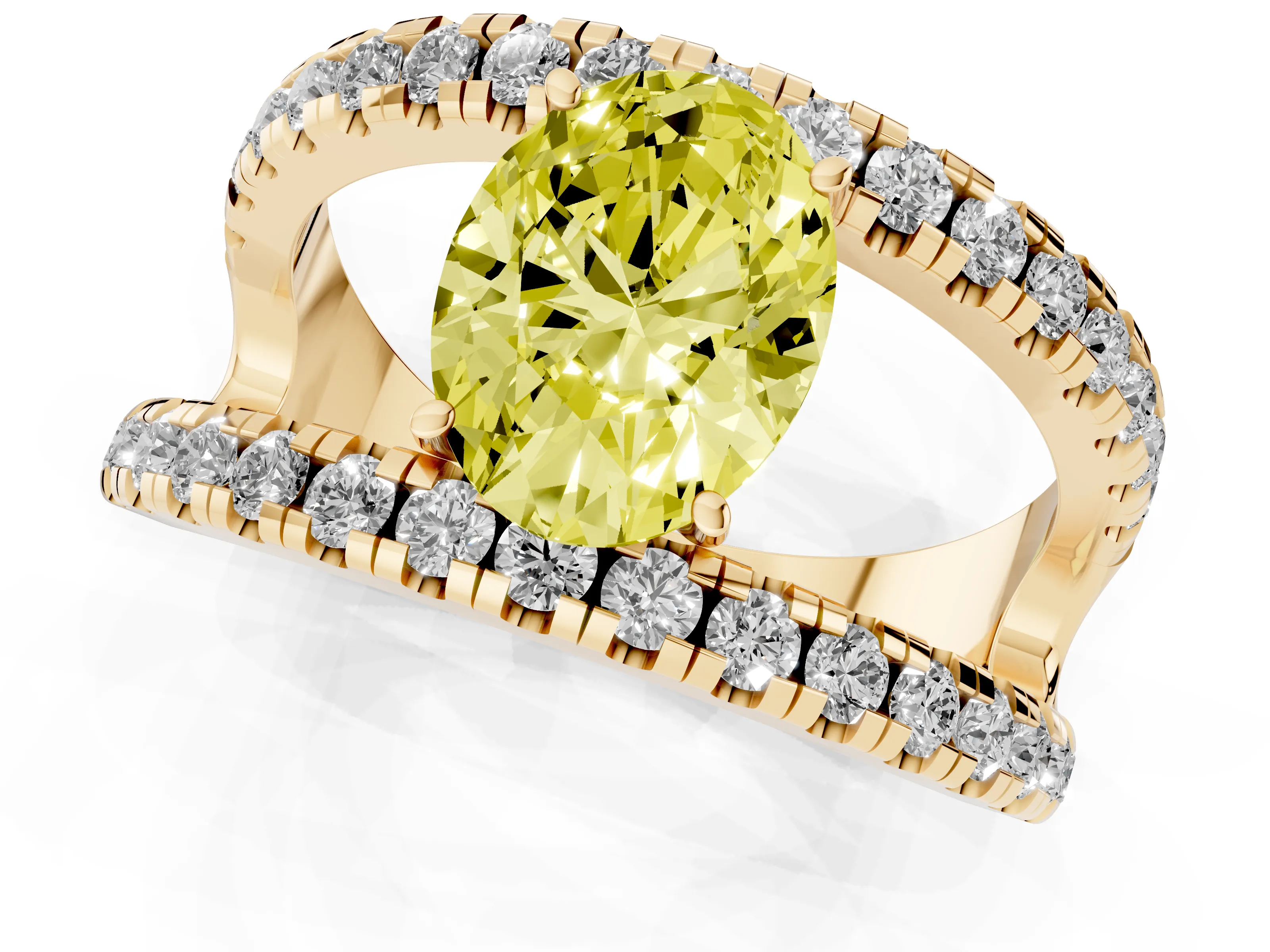 Fancy Yellow Oval Cut Diamond Split Shank Pavé Solitaire Ring Set in Yellow gold with Open Shank Design