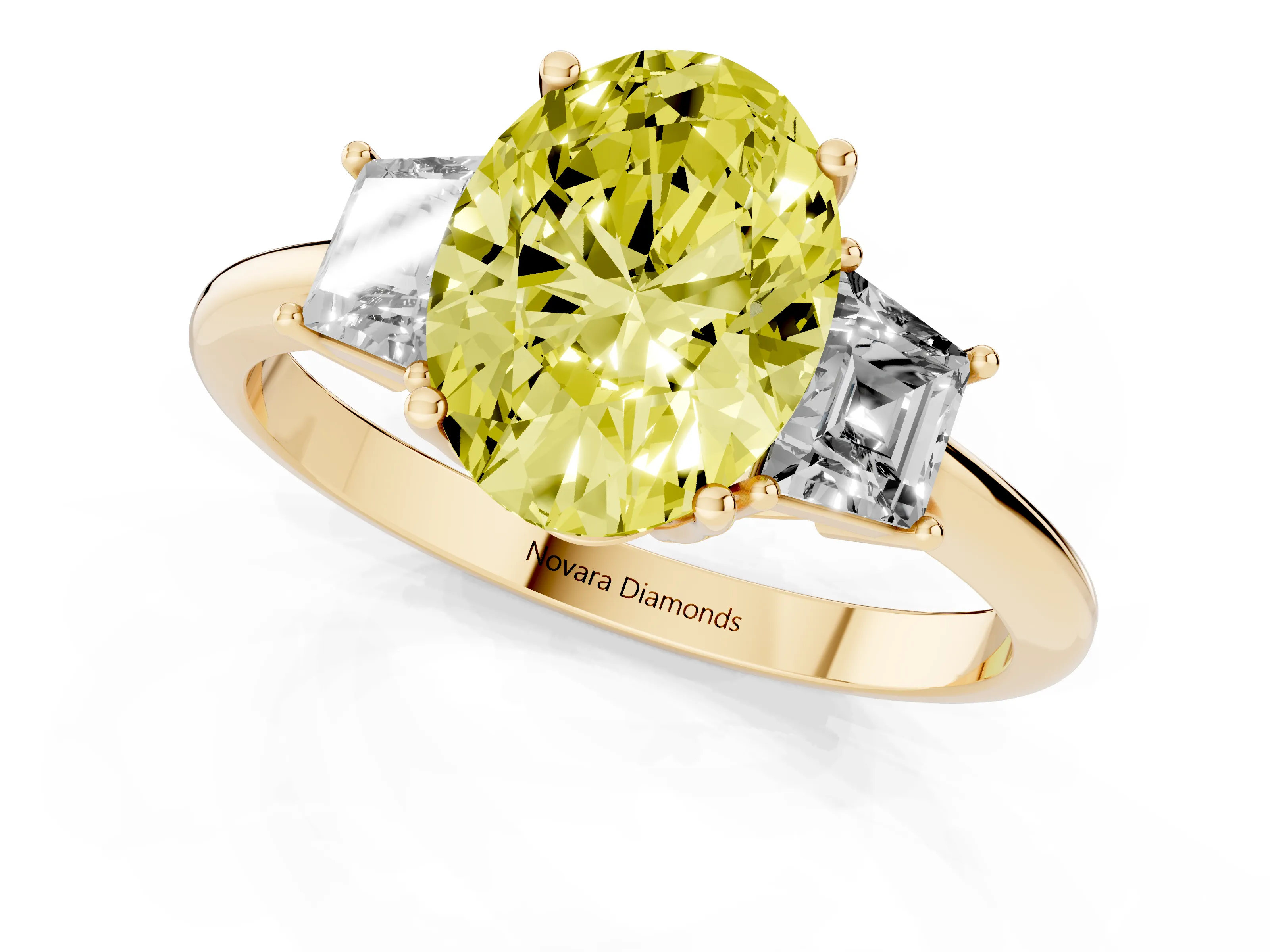 Fancy Yellow Oval Cut Diamond Three-Stone Ring Set in Yellow gold with Trapezoid Side Stones and Prong Setting
