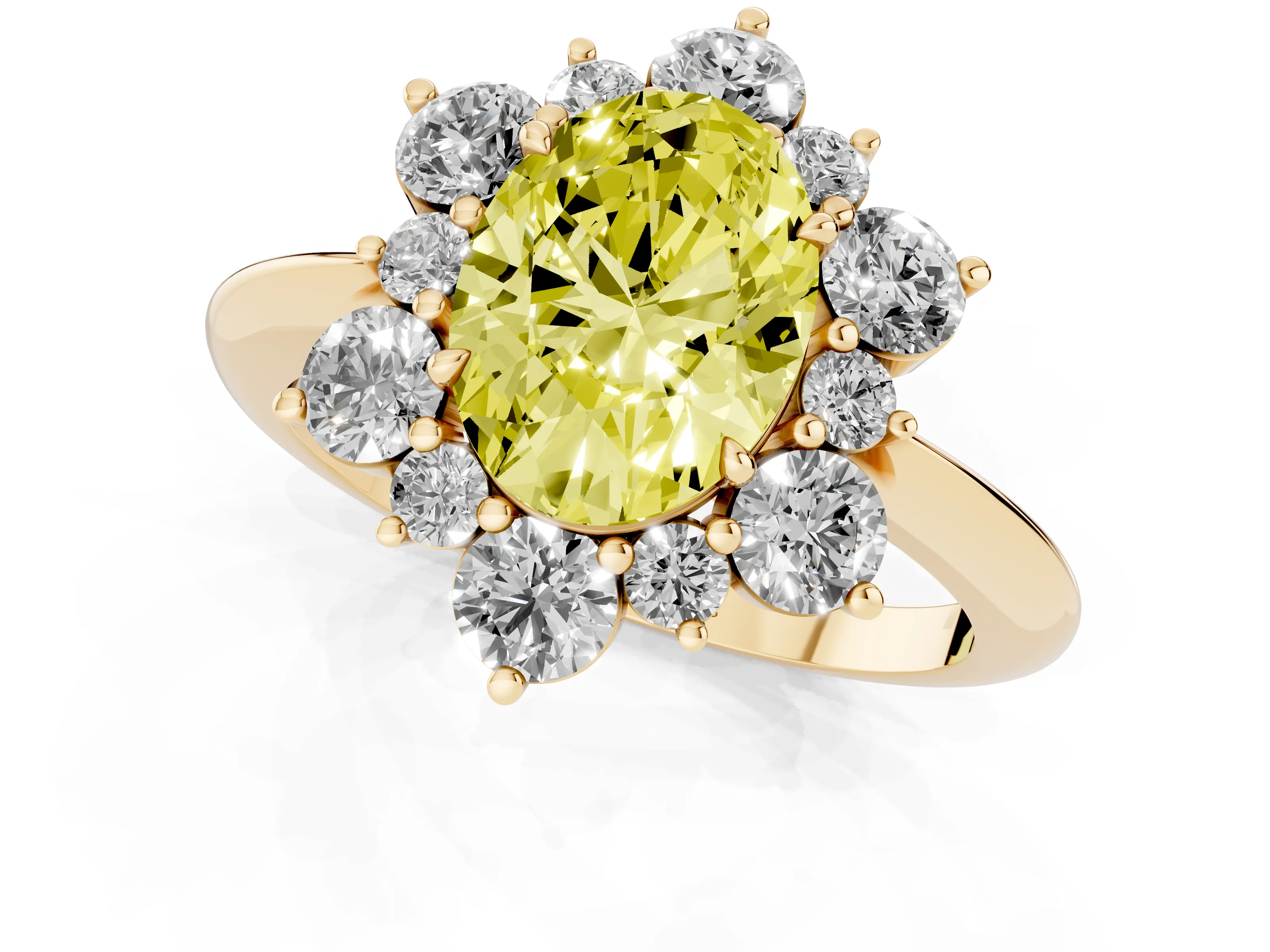 Fancy Yellow Oval Cut Diamond Cluster Halo Ring Set in Yellow gold with Solitaire Band and Prong Setting